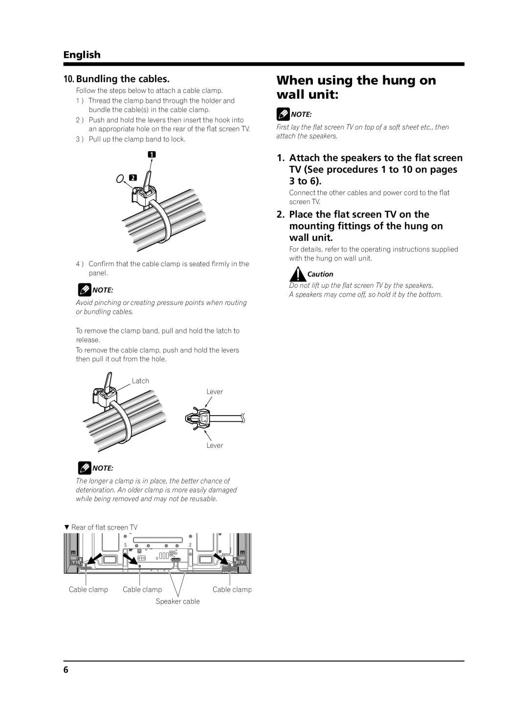 Pioneer PDP-S62 manual When using the hung on, Wall unit, English Bundling the cables 