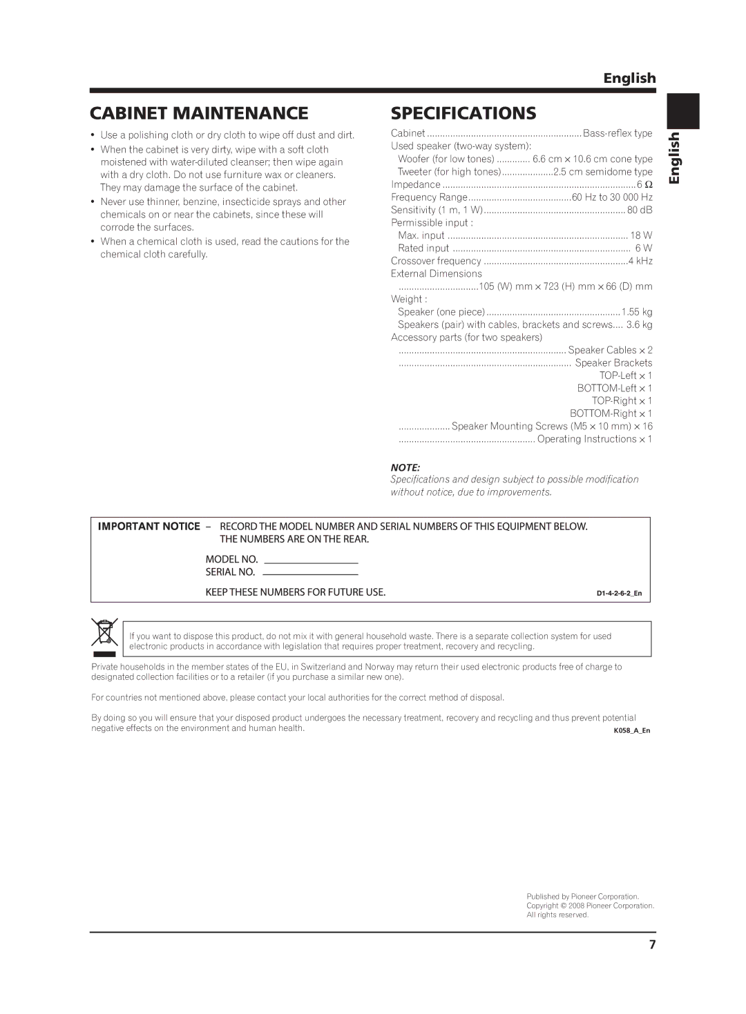 Pioneer PDP-S62 manual Cabinet Maintenance, Specifications 