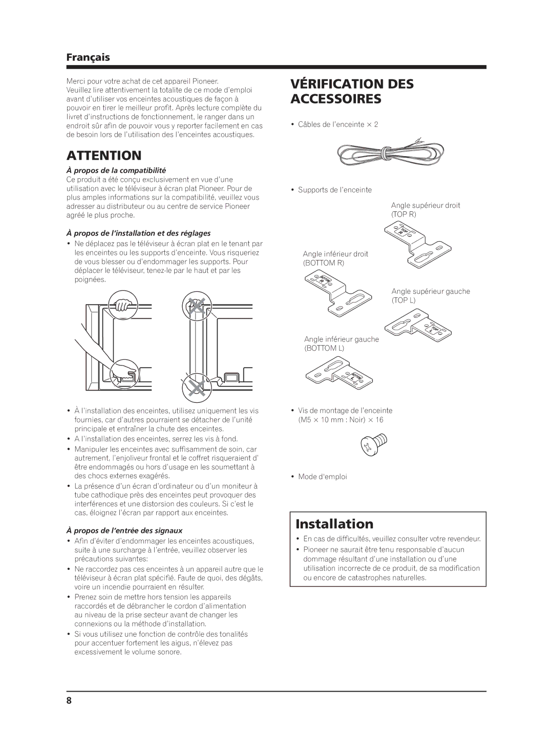 Pioneer PDP-S62 manual Vérification DES Accessoires, Français, Propos de la compatibilité, Propos de l’entrée des signaux 