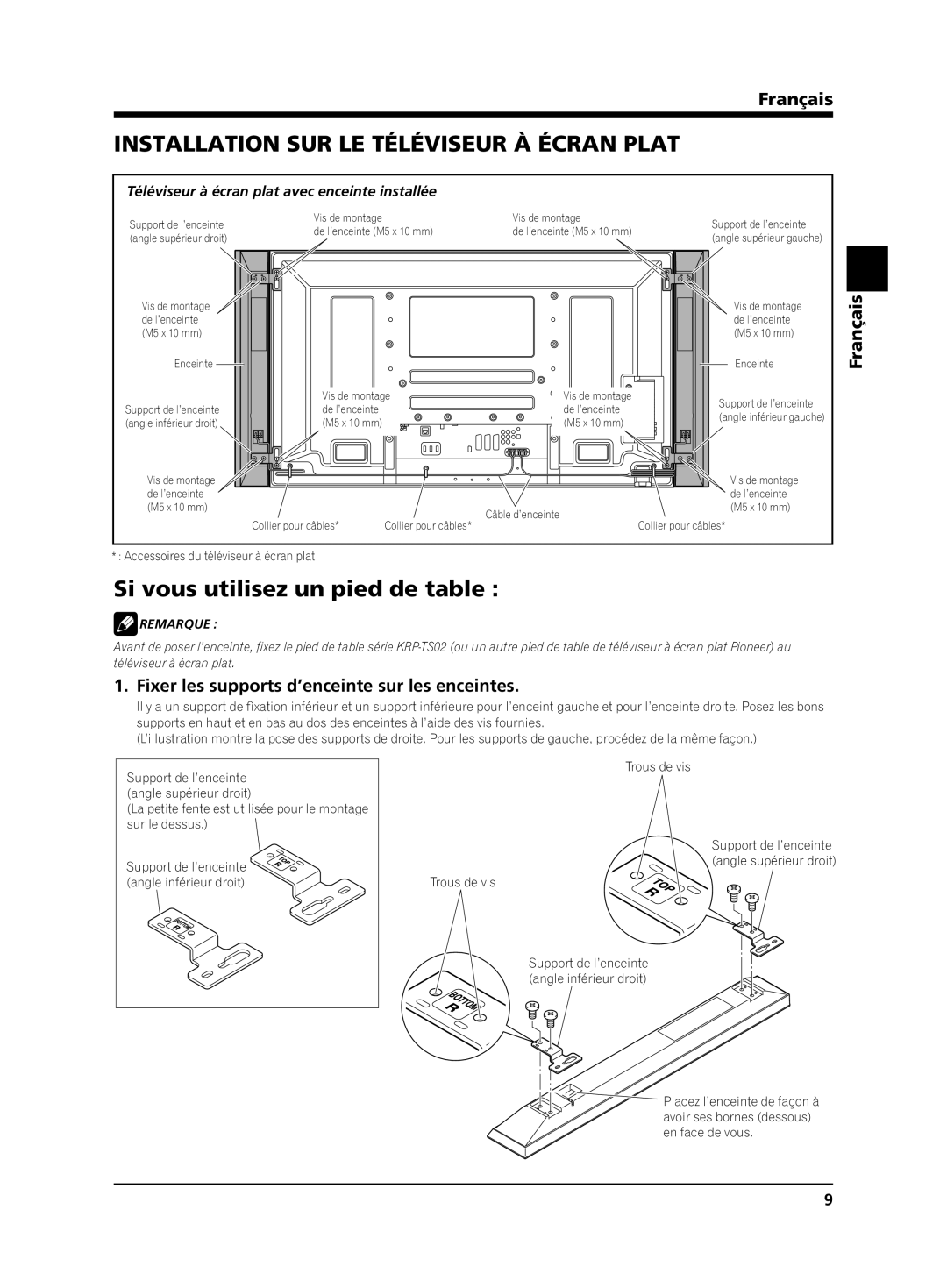 Pioneer PDP-S62 manual Installation SUR LE Téléviseur À Écran Plat, Si vous utilisez un pied de table 