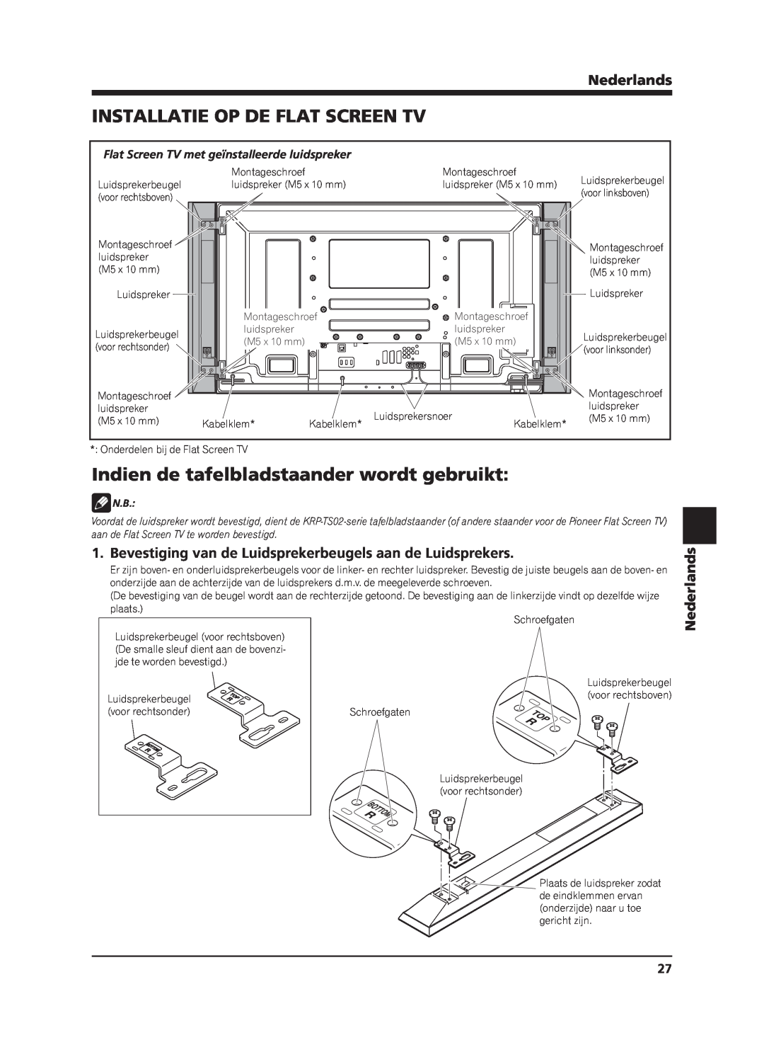 Pioneer PDP-S62 manual Installatie Op De Flat Screen Tv, Indien de tafelbladstaander wordt gebruikt, Nederlands 