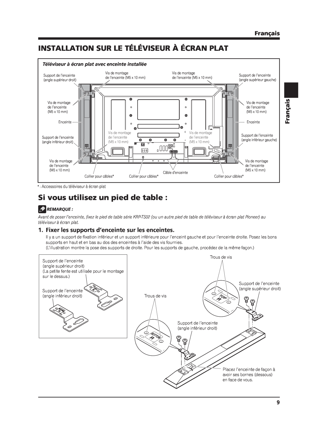 Pioneer PDP-S62 manual Installation Sur Le Téléviseur À Écran Plat, Si vous utilisez un pied de table, Français, Remarque 