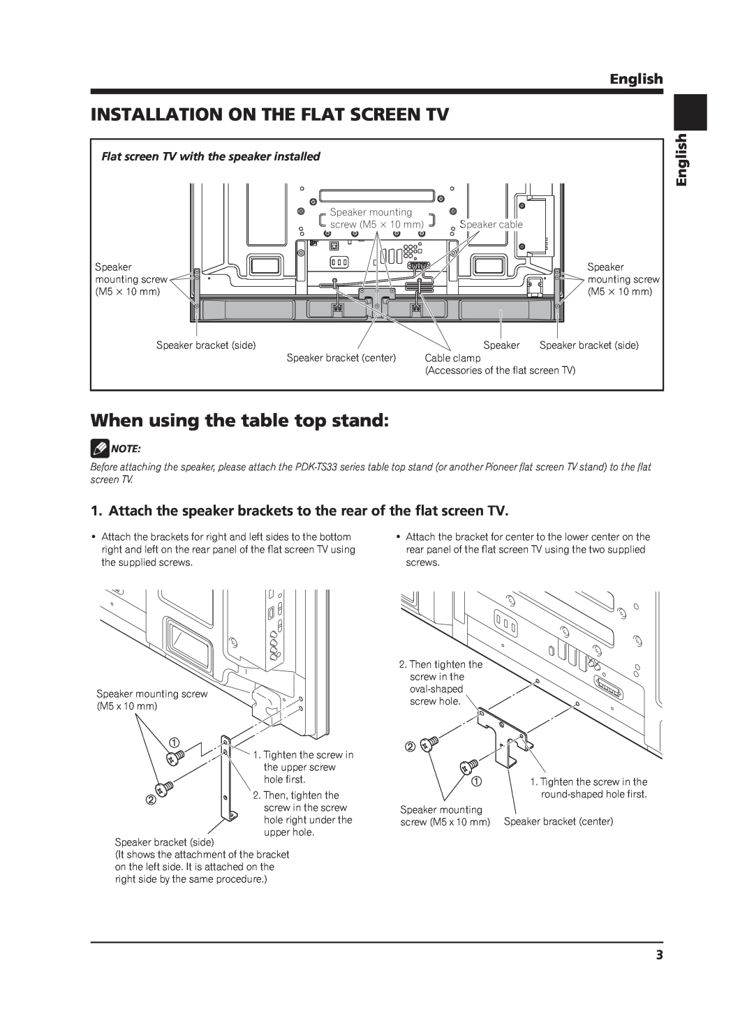 Pioneer PDP-S63 manual When using the table top stand, Installation On The Flat Screen Tv, English 