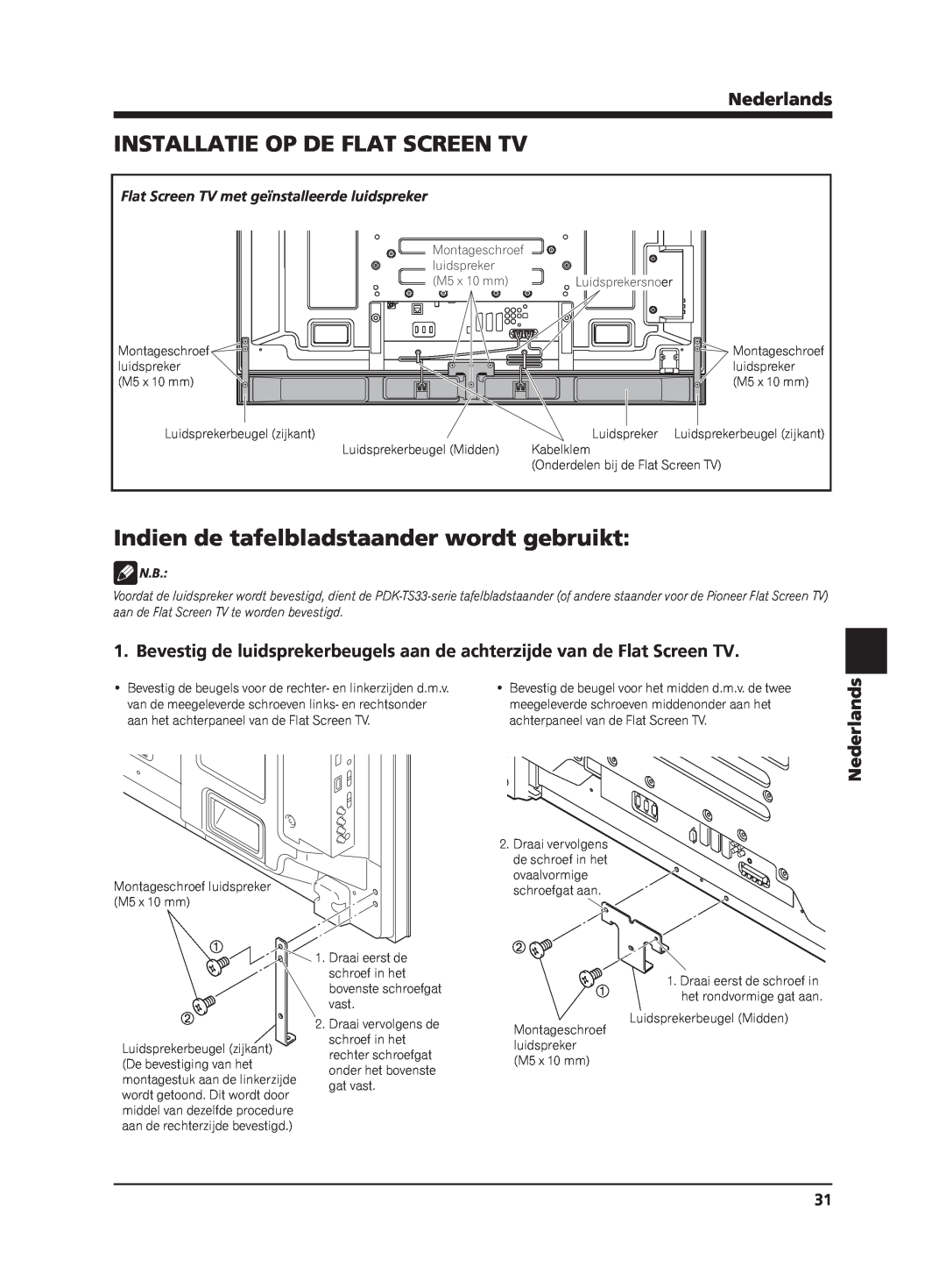 Pioneer PDP-S63 manual Installatie Op De Flat Screen Tv, Indien de tafelbladstaander wordt gebruikt, Nederlands 