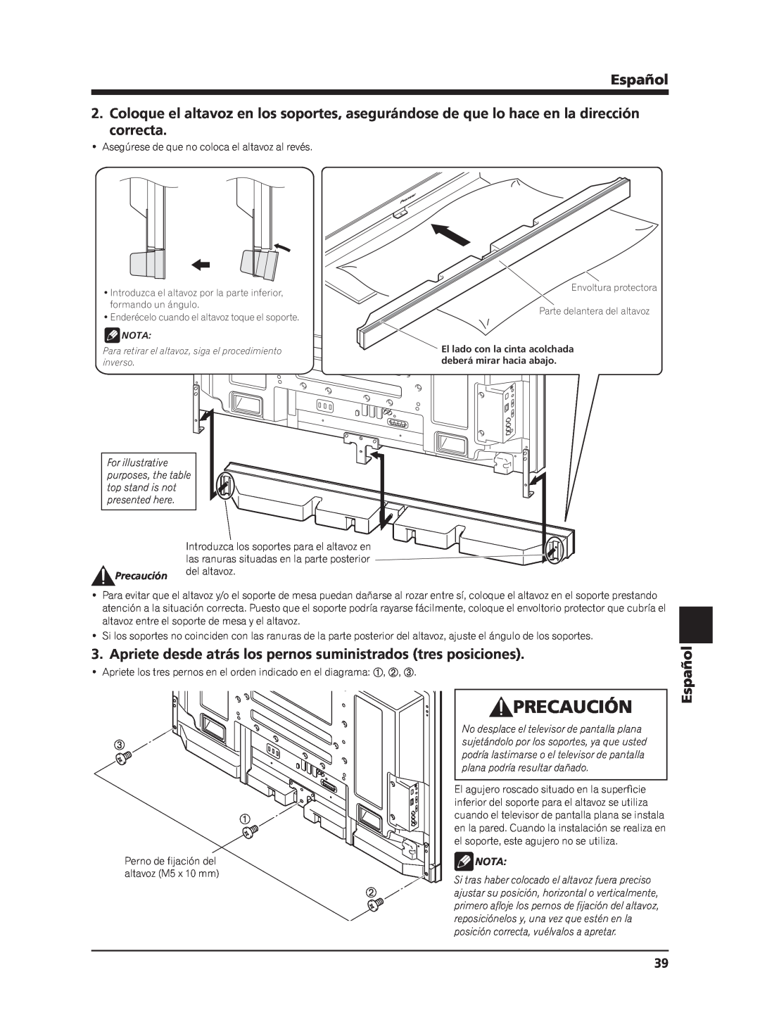 Pioneer PDP-S63 manual Precaución, Español, Nota 