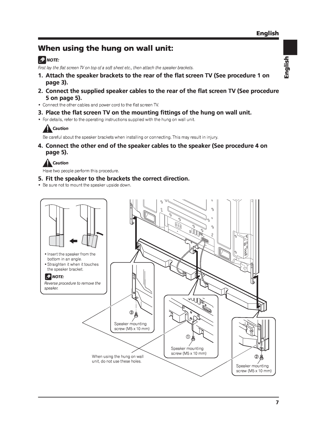 Pioneer PDP-S63 manual When using the hung on wall unit, on page, English 
