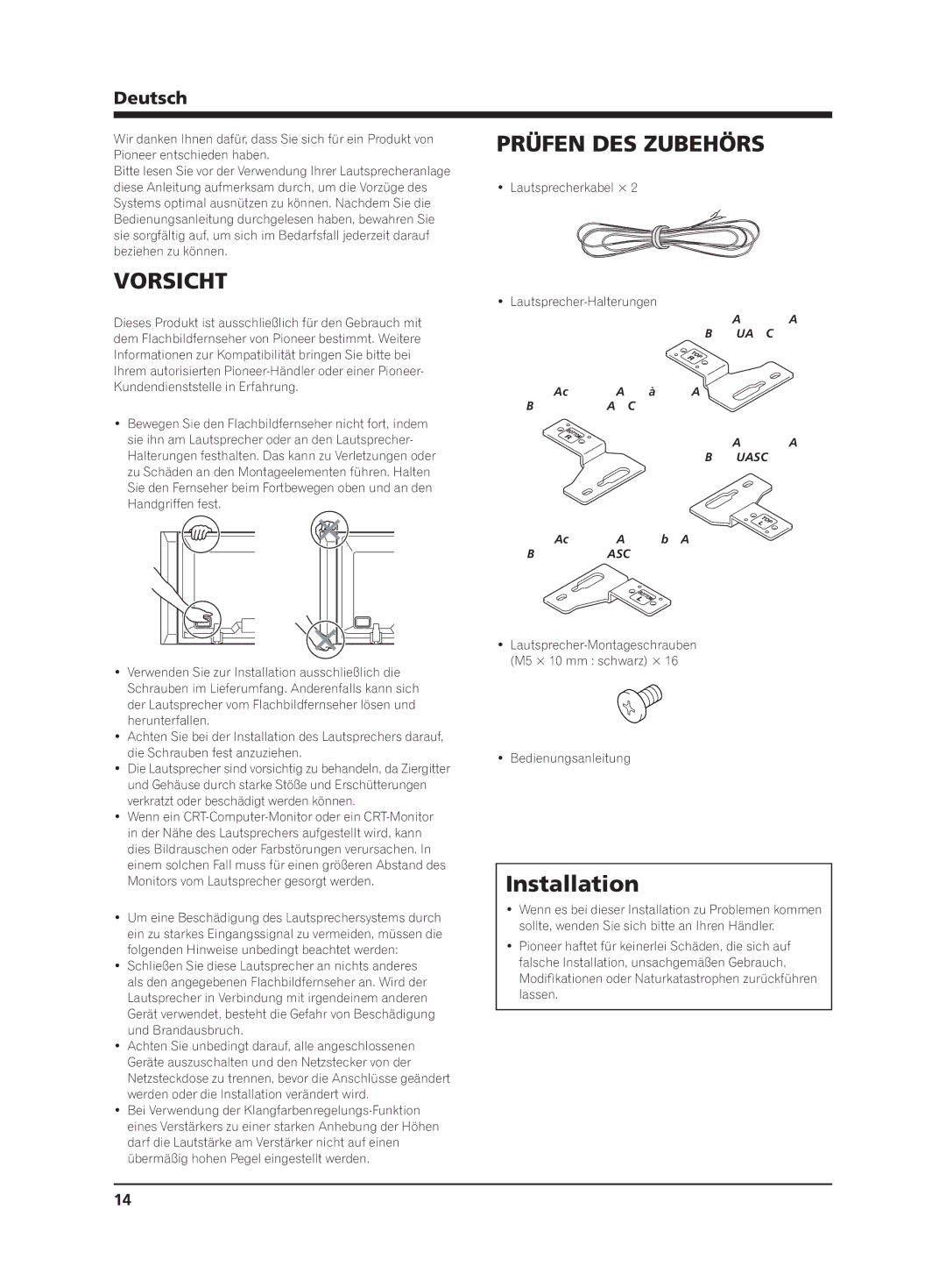 Pioneer PDP-S64 manual Vorsicht, Prüfen DES Zubehörs, Deutsch 