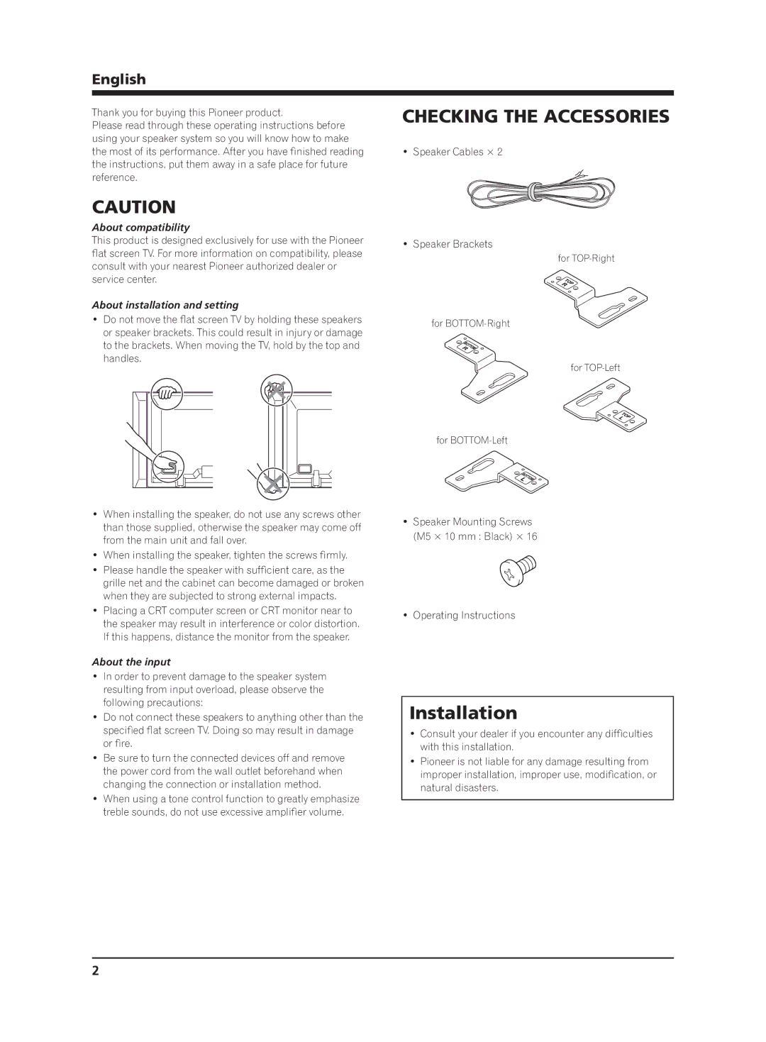 Pioneer PDP-S64 manual Checking the Accessories, Installation, English 