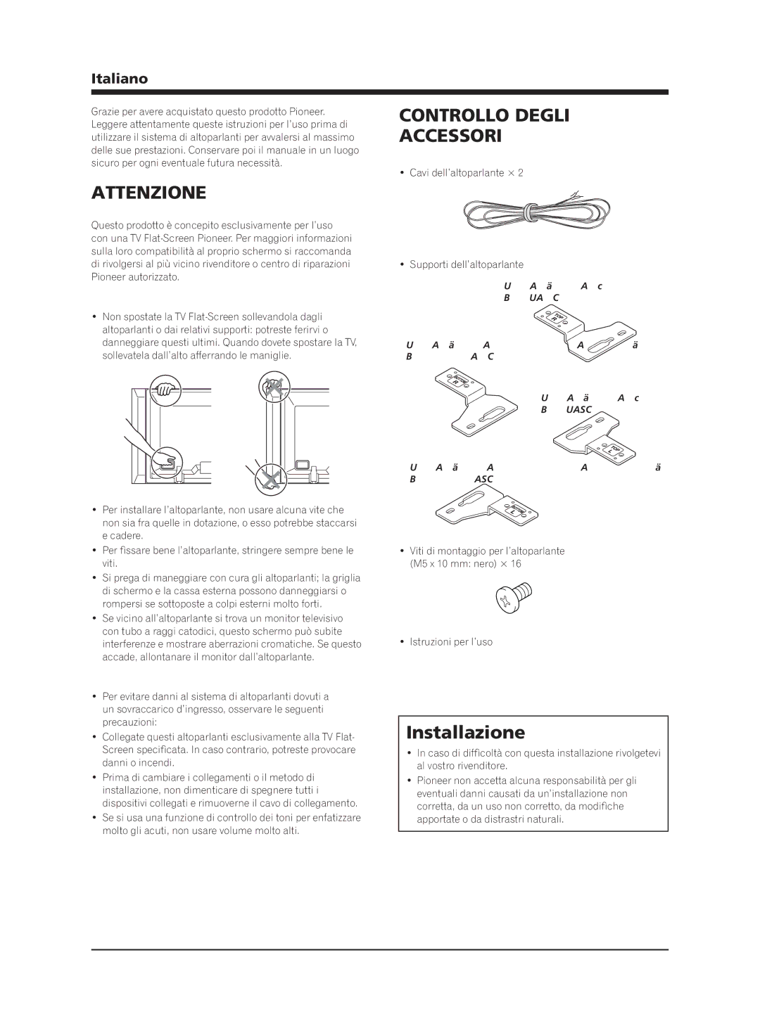 Pioneer PDP-S64 manual Attenzione, Controllo Degli Accessori, Installazione, Italiano 