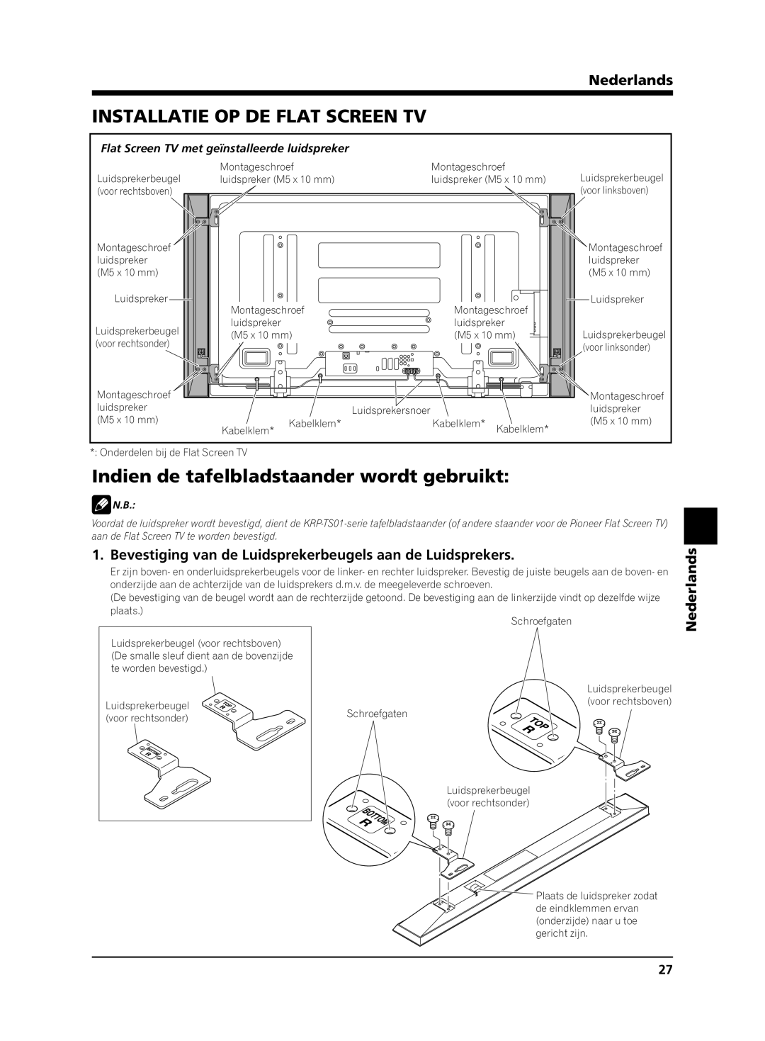 Pioneer PDP-S64 manual Installatie OP DE Flat Screen TV, Indien de tafelbladstaander wordt gebruikt, Plaats 