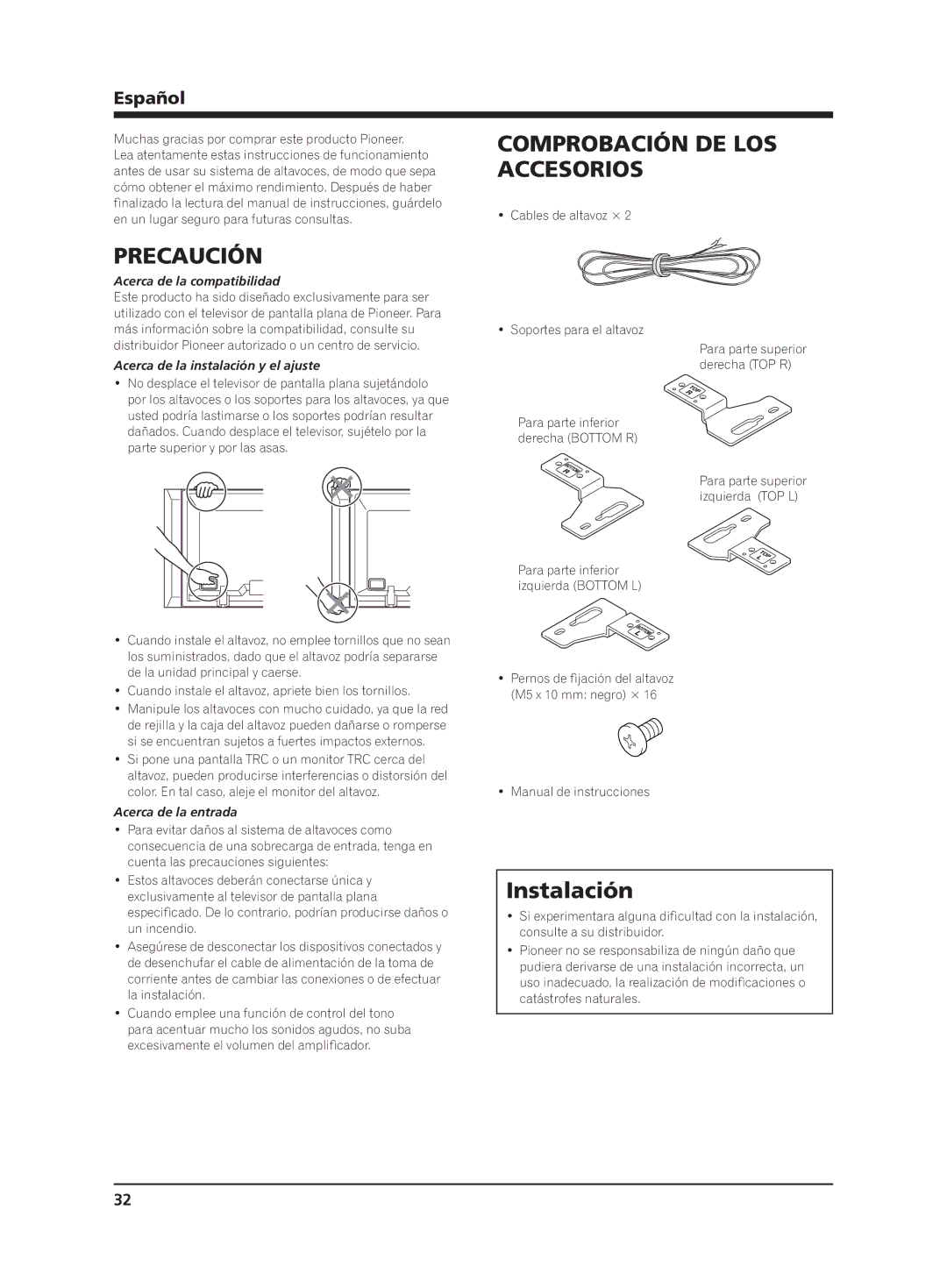 Pioneer PDP-S64 manual Precaución, Comprobación DE LOS Accesorios, Instalación, Español 