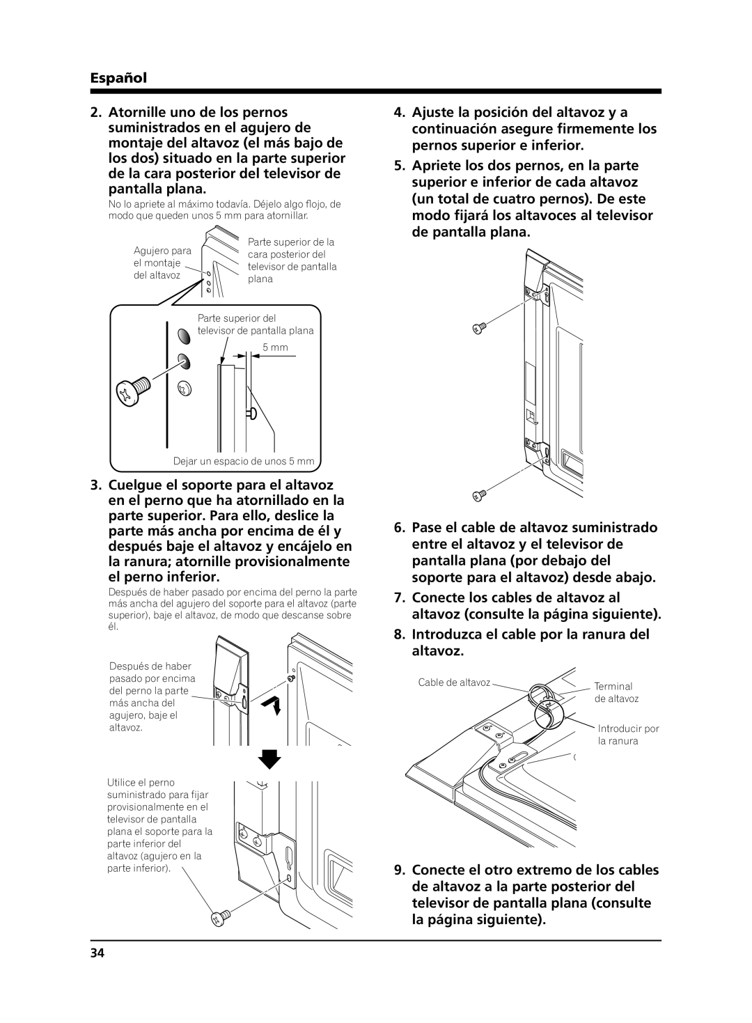 Pioneer PDP-S64 manual Pantalla plana, El perno inferior 