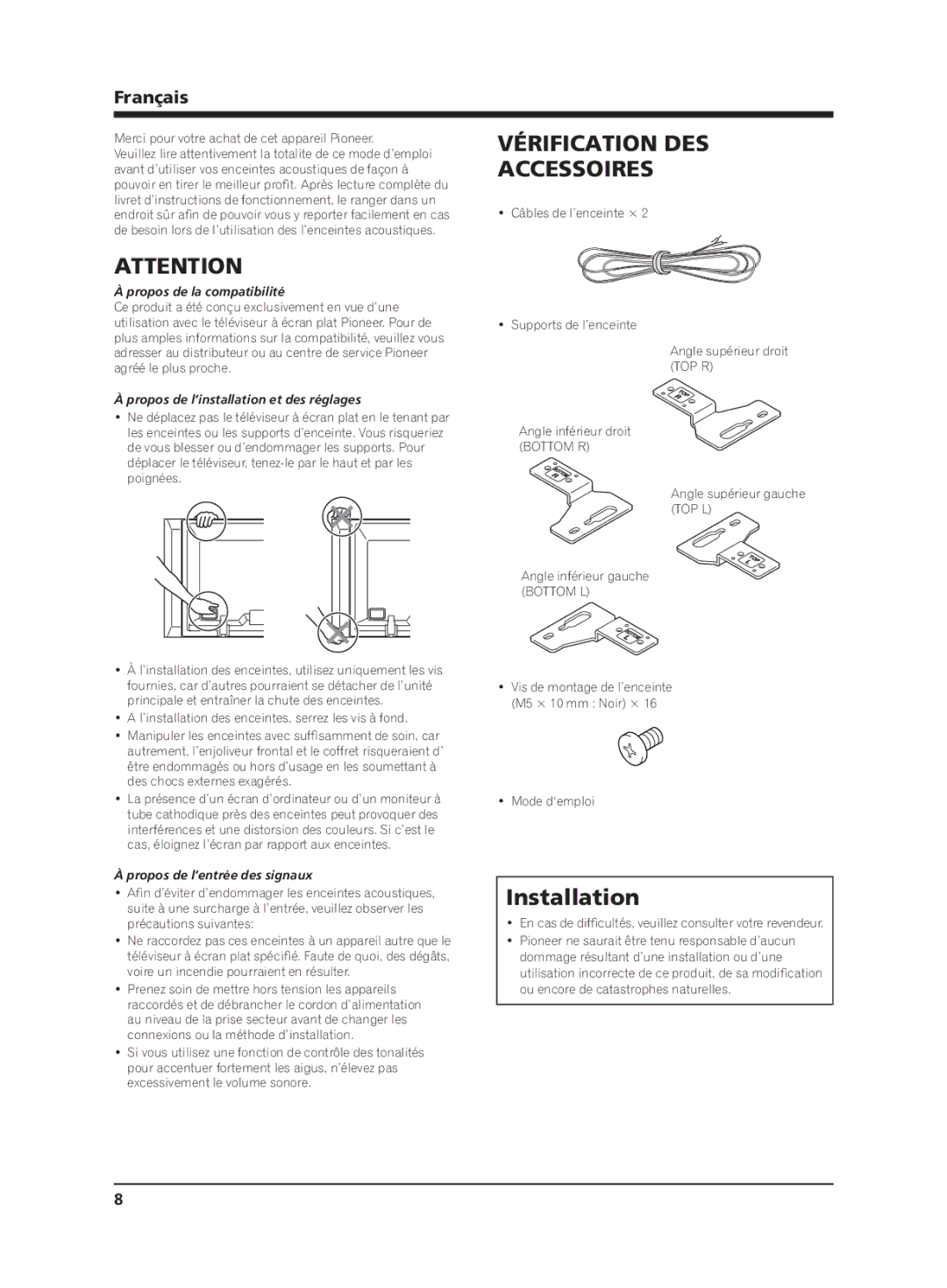 Pioneer PDP-S64 manual Vérification DES Accessoires, Français, Propos de la compatibilité, Propos de l’entrée des signaux 