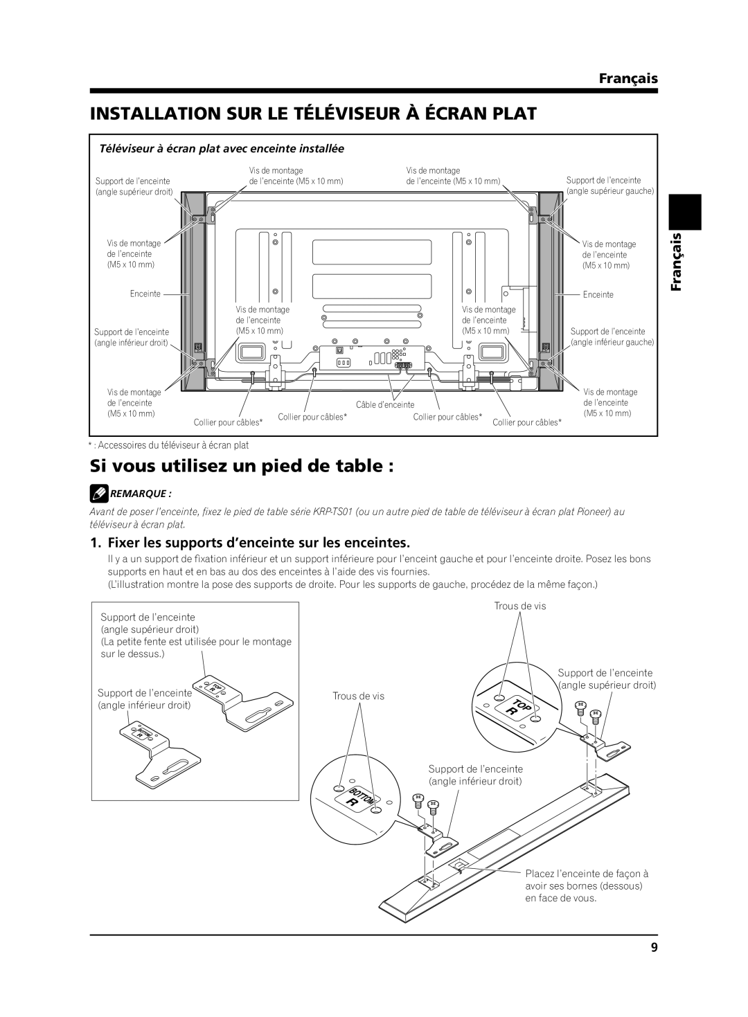 Pioneer PDP-S64 manual Installation SUR LE Téléviseur À Écran Plat, Si vous utilisez un pied de table 