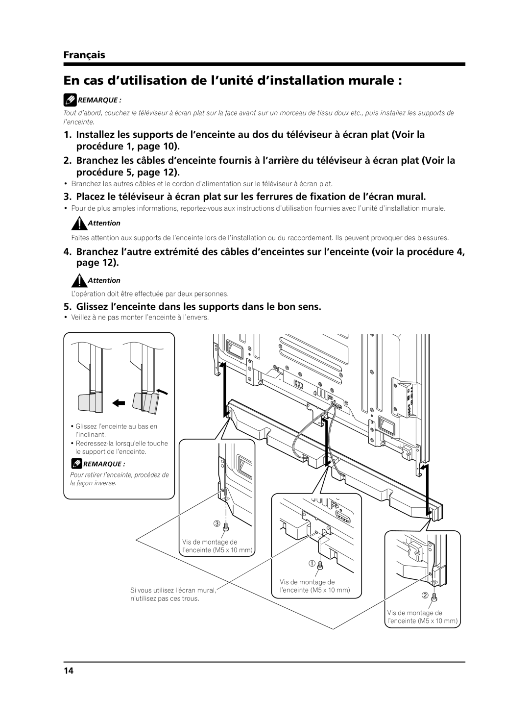 Pioneer PDP-S65 manual En cas d’utilisation de l’unité d’installation murale 