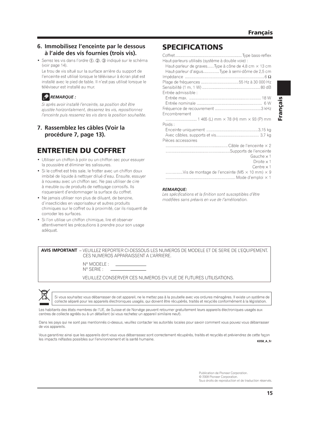 Pioneer PDP-S65 manual Specifications, Entretien DU Coffret 