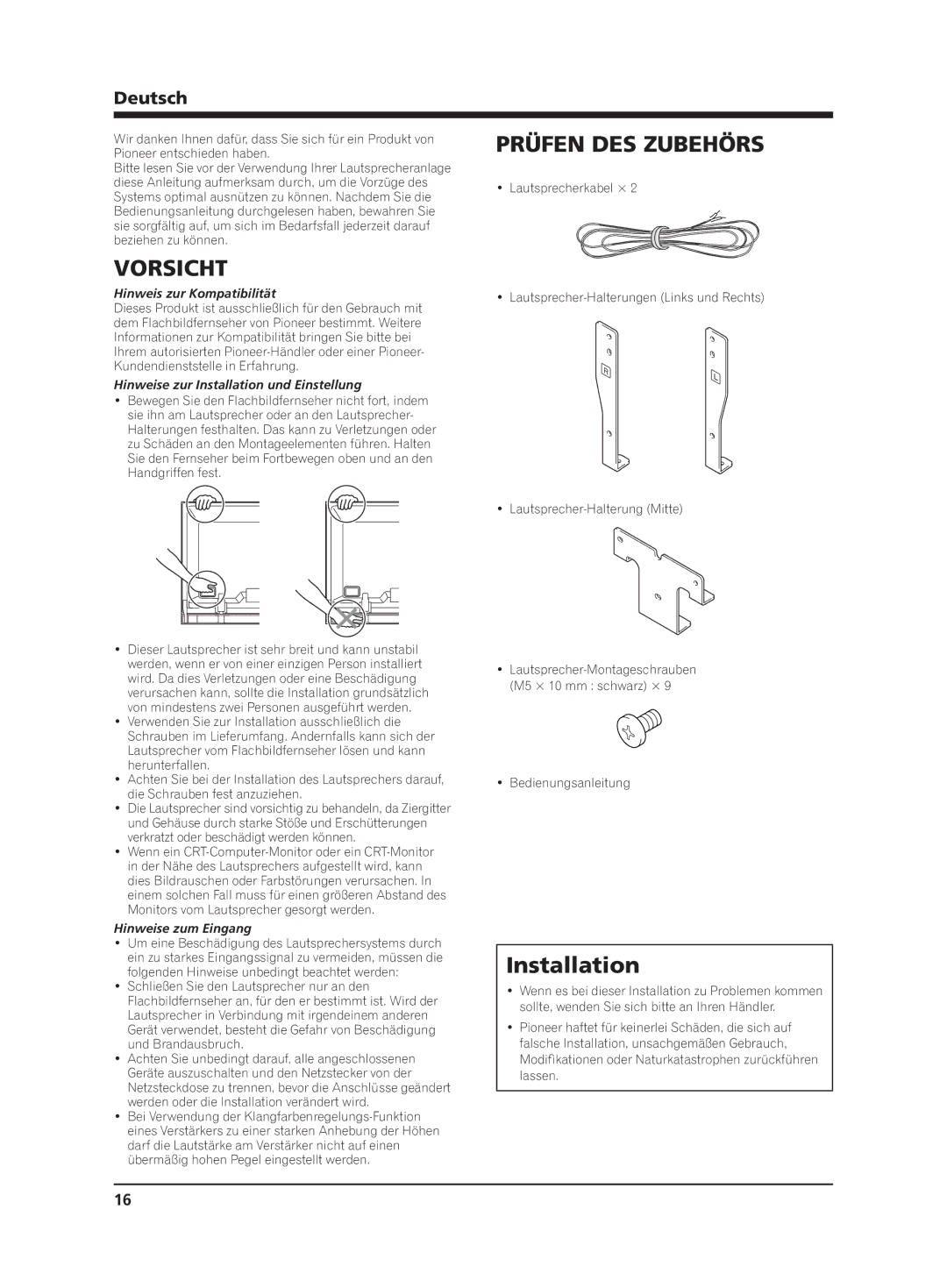 Pioneer PDP-S65 manual Vorsicht, Prüfen DES Zubehörs, Deutsch 