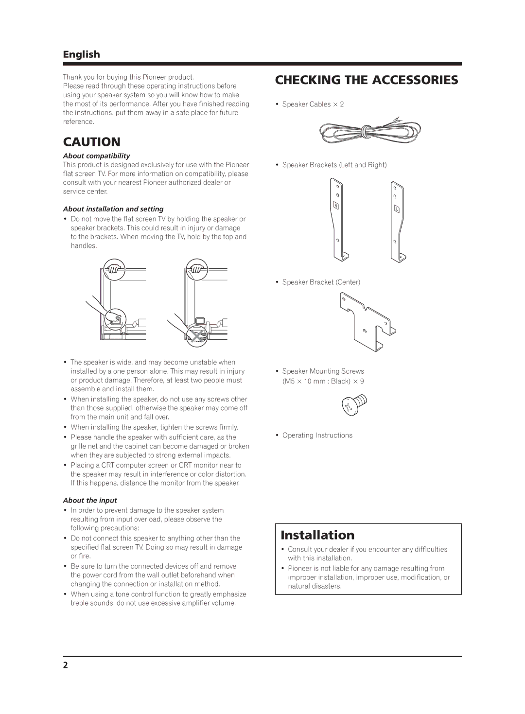 Pioneer PDP-S65 manual Checking the Accessories, Installation, English 