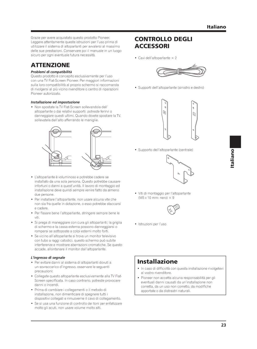 Pioneer PDP-S65 manual Accessori, Attenzione, Installazione, Italiano 