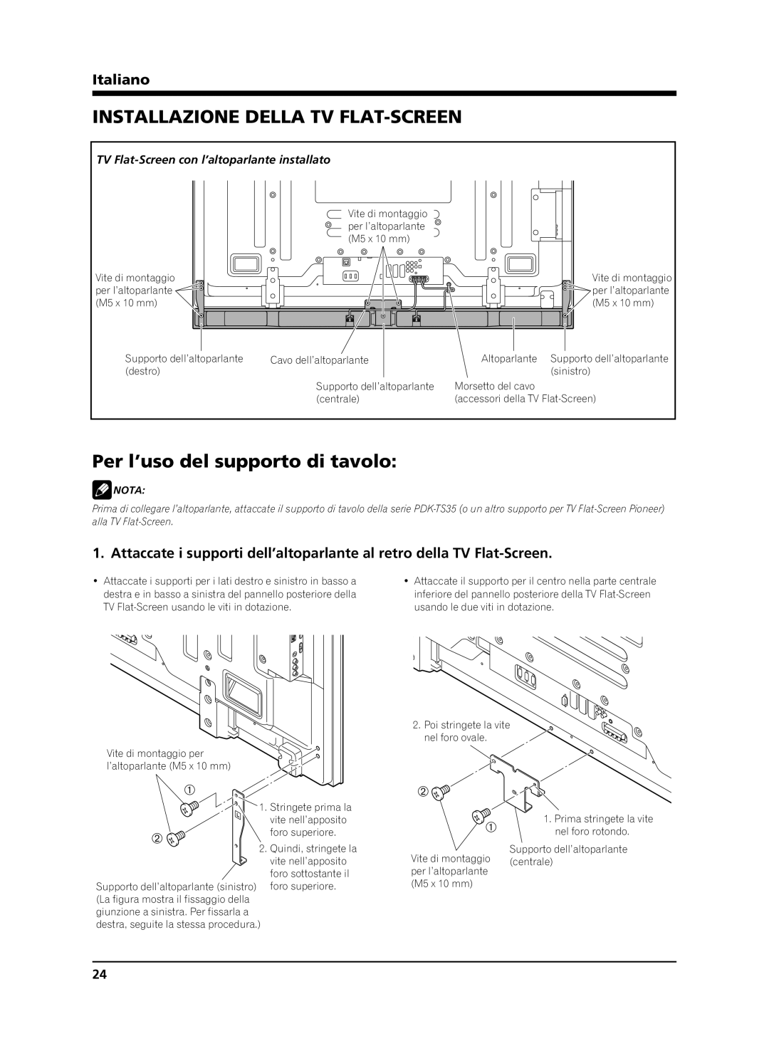 Pioneer PDP-S65 manual Installazione Della TV FLAT-SCREEN, Per l’uso del supporto di tavolo 