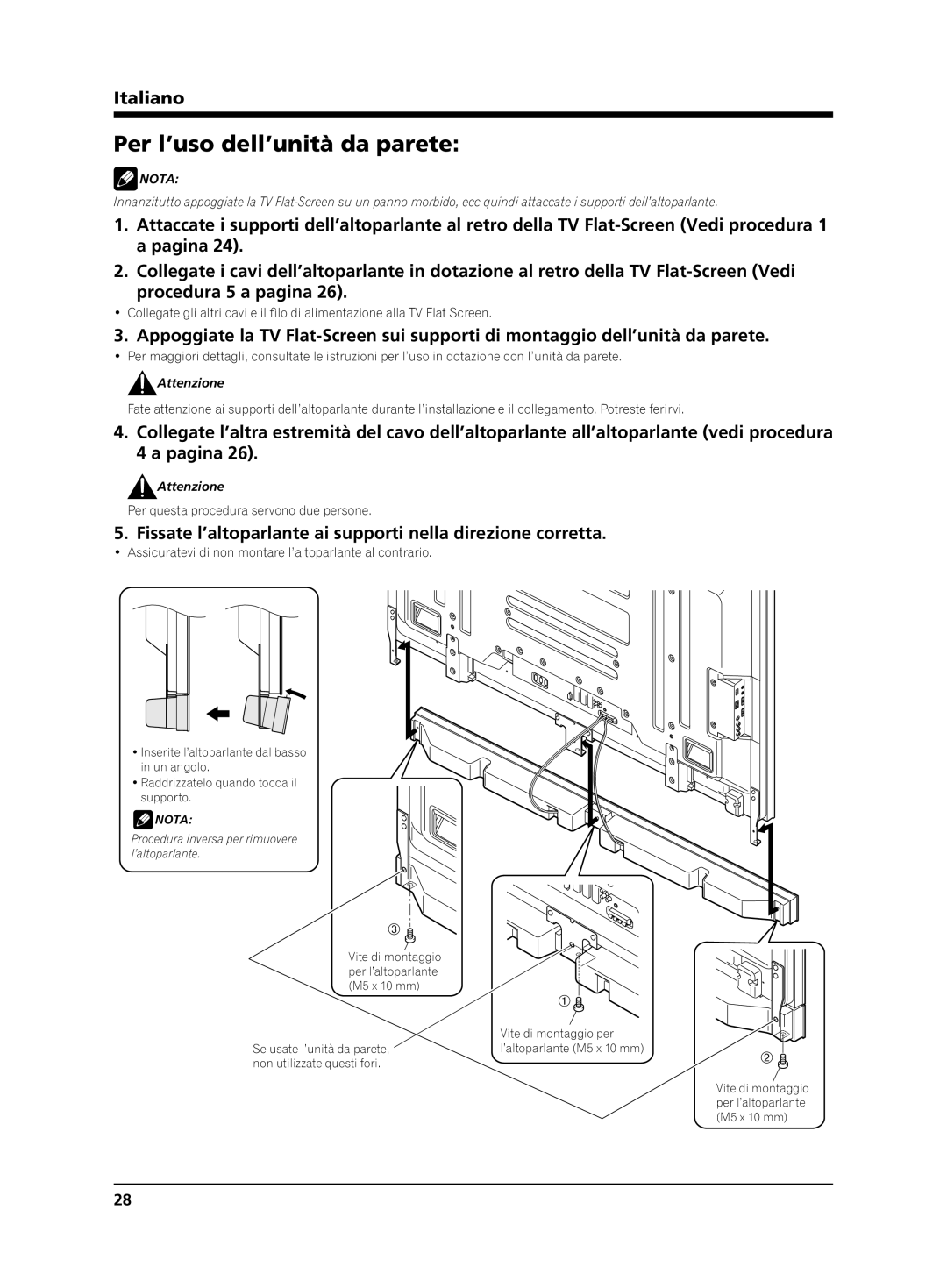 Pioneer PDP-S65 manual Per l’uso dell’unità da parete, Fissate l’altoparlante ai supporti nella direzione corretta 