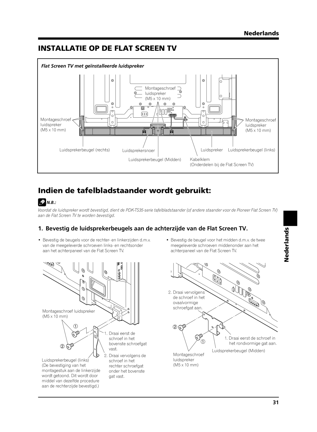 Pioneer PDP-S65 manual Installatie OP DE Flat Screen TV, Indien de tafelbladstaander wordt gebruikt 