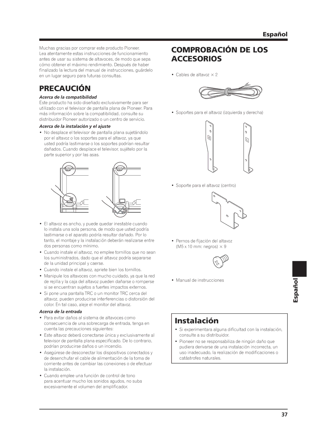 Pioneer PDP-S65 manual Accesorios, Precaución, Instalación, Español 