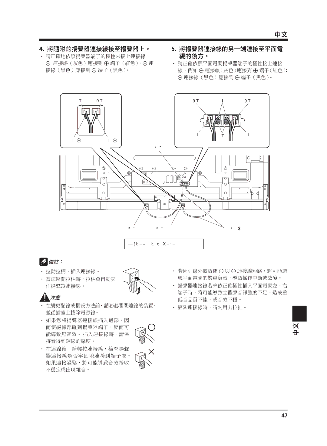 Pioneer PDP-S65 manual 將隨附的揚聲器連接線接至揚聲器上。 將揚聲器連接線的另一端連接至平面電 