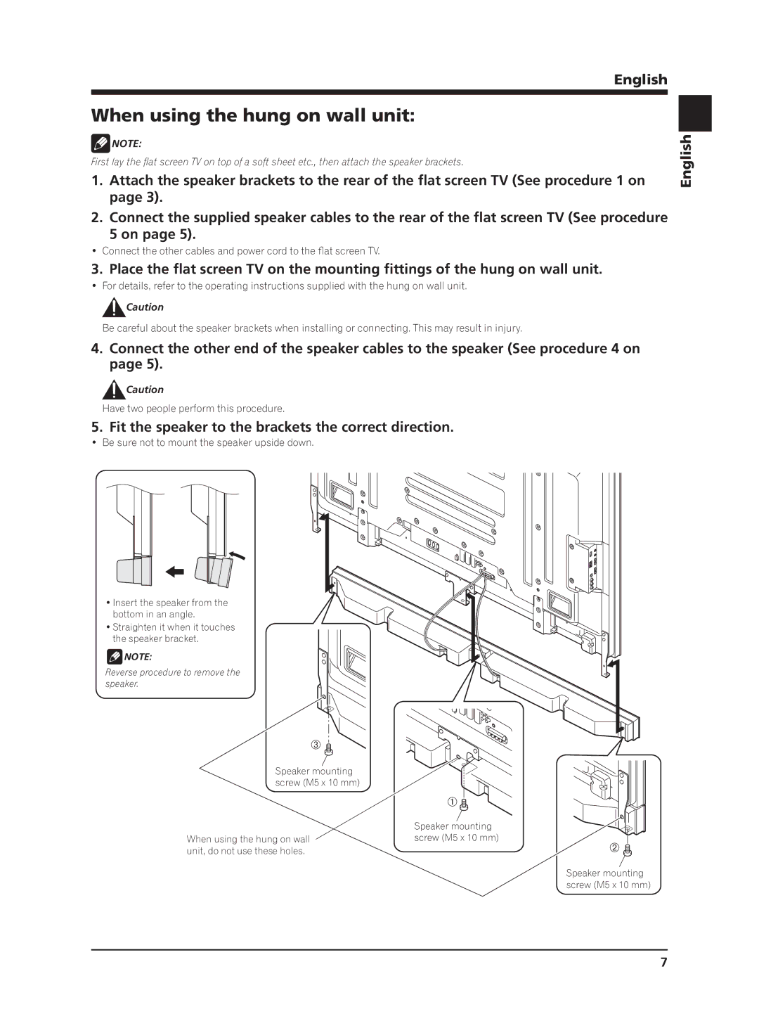 Pioneer PDP-S65 manual When using the hung on wall unit, Fit the speaker to the brackets the correct direction 