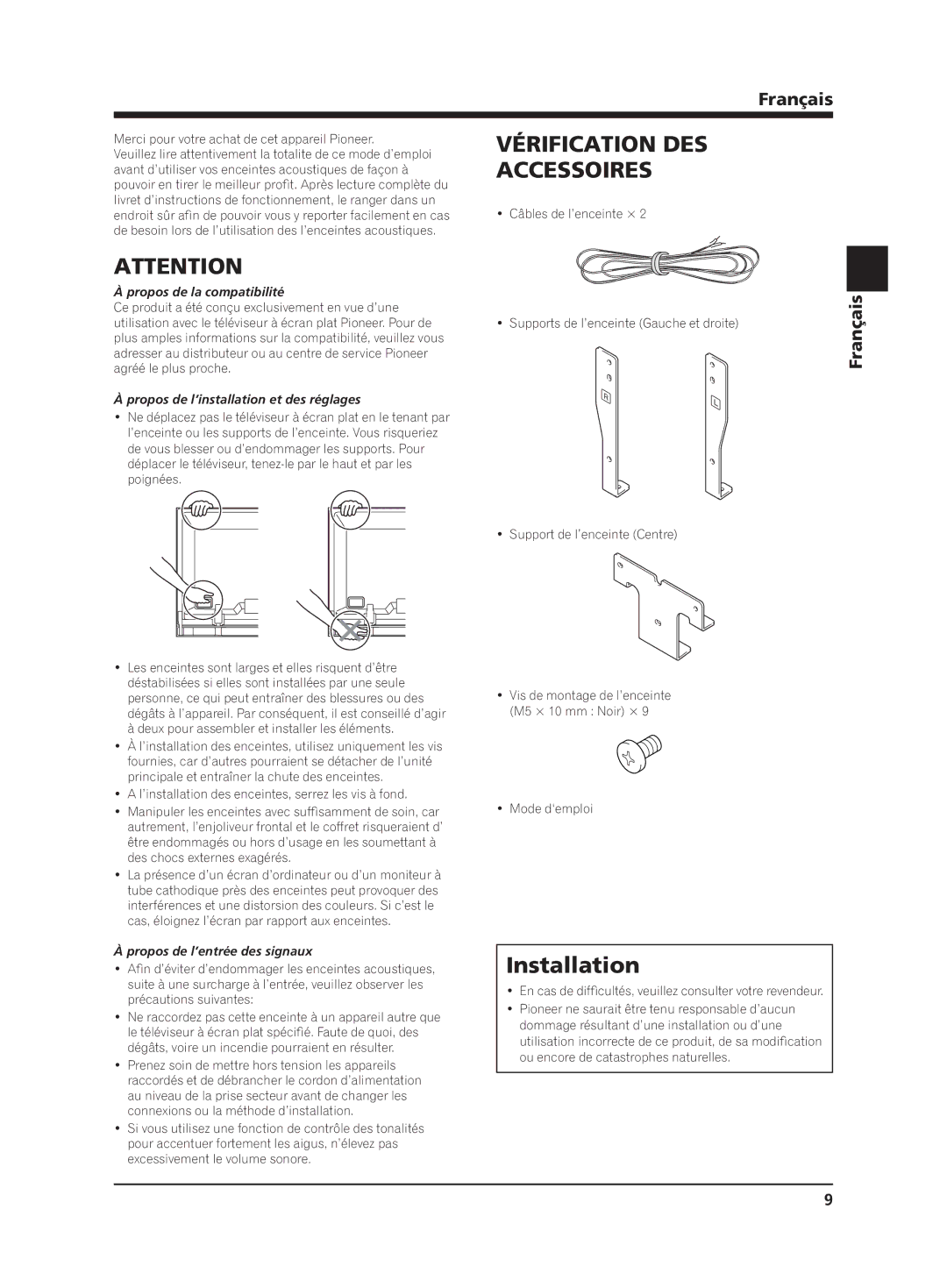 Pioneer PDP-S65 manual Accessoires, Français, Propos de la compatibilité, Propos de l’installation et des réglages 