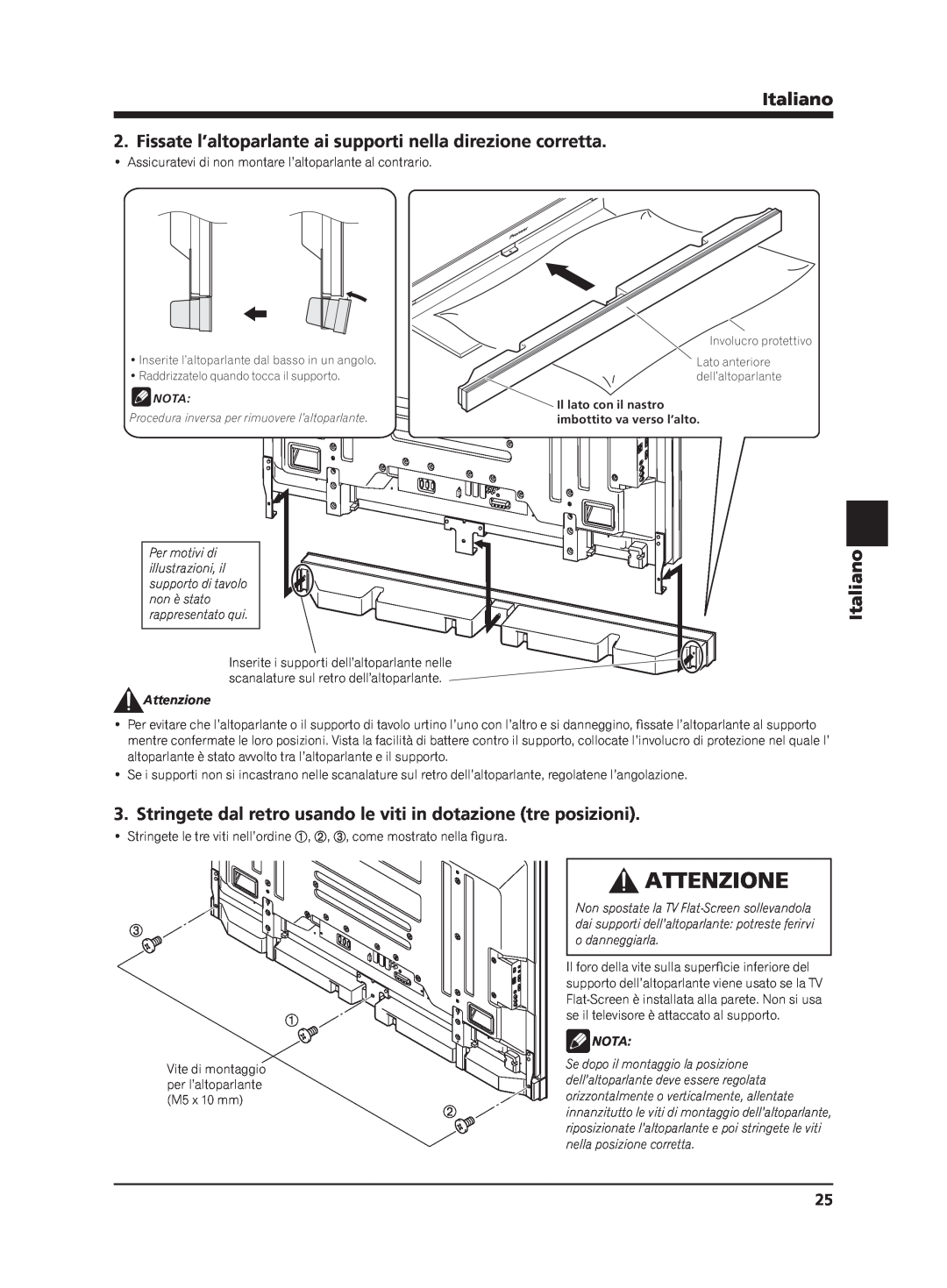 Pioneer PDP-S65 manual Attenzione, Italiano, o danneggiarla, Il foro della vite sulla superﬁcie inferiore del, Nota 