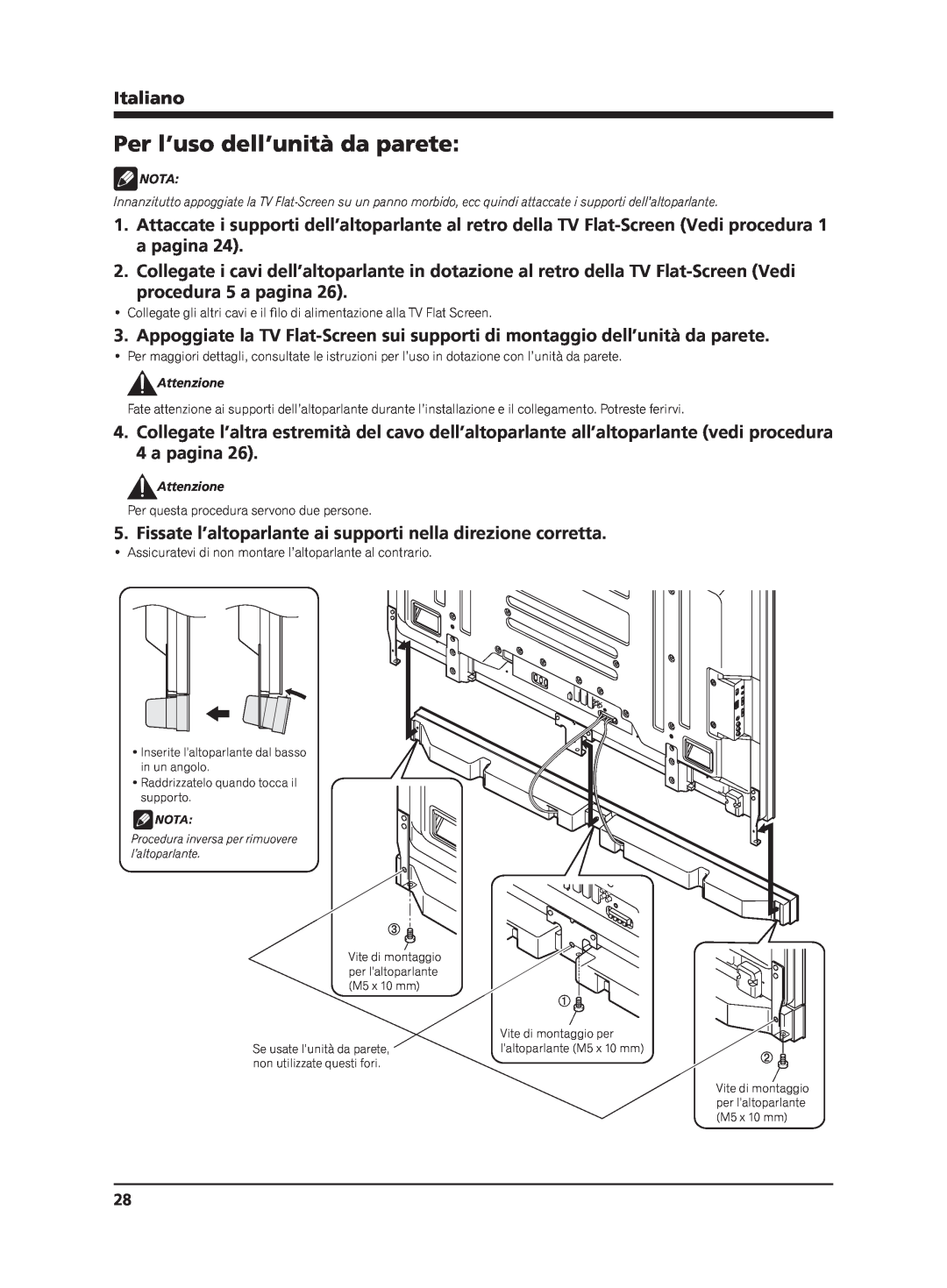 Pioneer PDP-S65 manual Per l’uso dell’unità da parete, procedura 5 a pagina, Italiano 