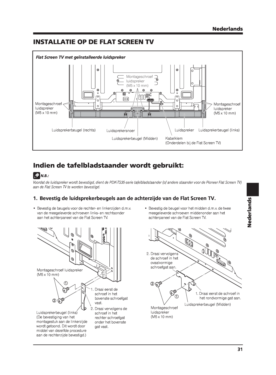 Pioneer PDP-S65 manual Installatie Op De Flat Screen Tv, Indien de tafelbladstaander wordt gebruikt, Nederlands 