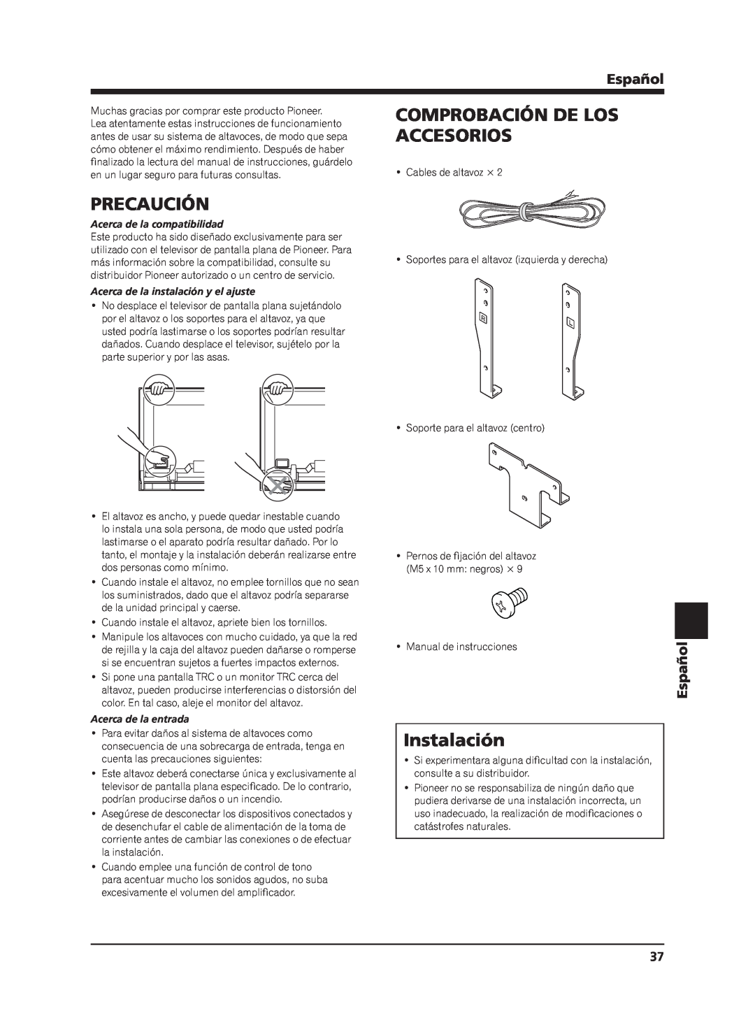Pioneer PDP-S65 manual Accesorios, Precaución, Instalación, Comprobación De Los, Español, Acerca de la compatibilidad 