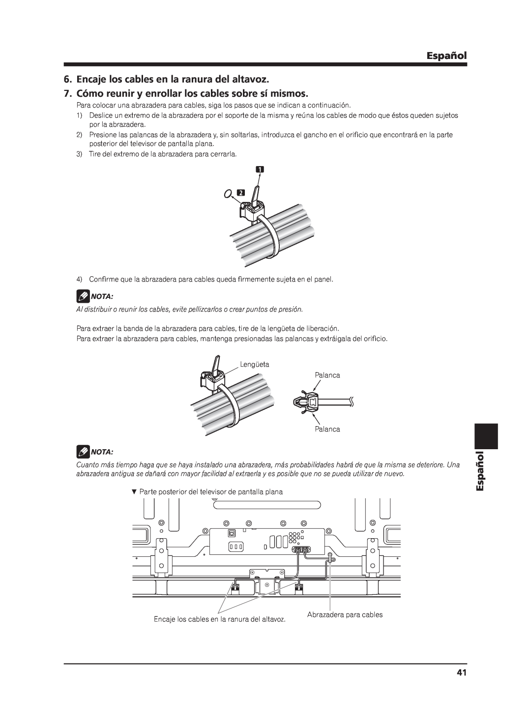 Pioneer PDP-S65 manual Encaje los cables en la ranura del altavoz, Español, Nota 