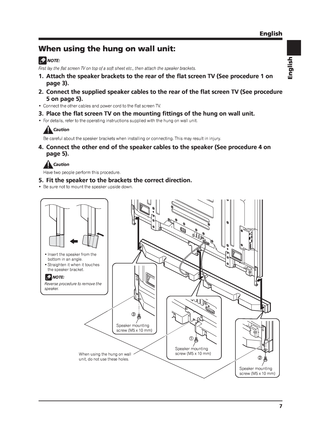 Pioneer PDP-S65 manual When using the hung on wall unit, on page, English 