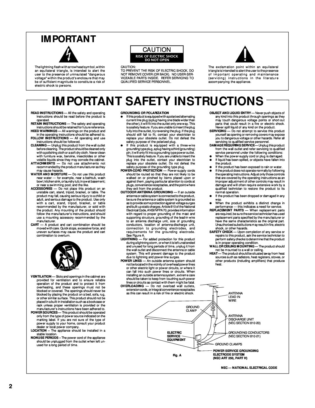 Pioneer PDR-509 manual Important Safety Instructions, Risk Of Electric Shock Do Not Open 