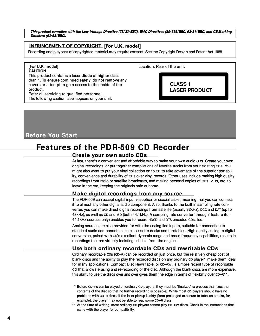 Pioneer manual Features of the PDR-509CD Recorder, Before You Start, INFRINGEMENT OF COPYRIGHT For U.K. model 