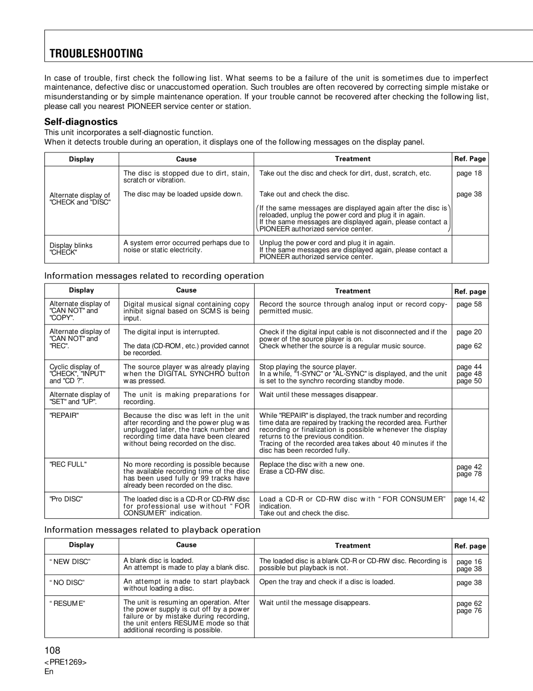 Pioneer PDR-555RW Troubleshooting, Self-diagnostics, Information messages related to recording operation 