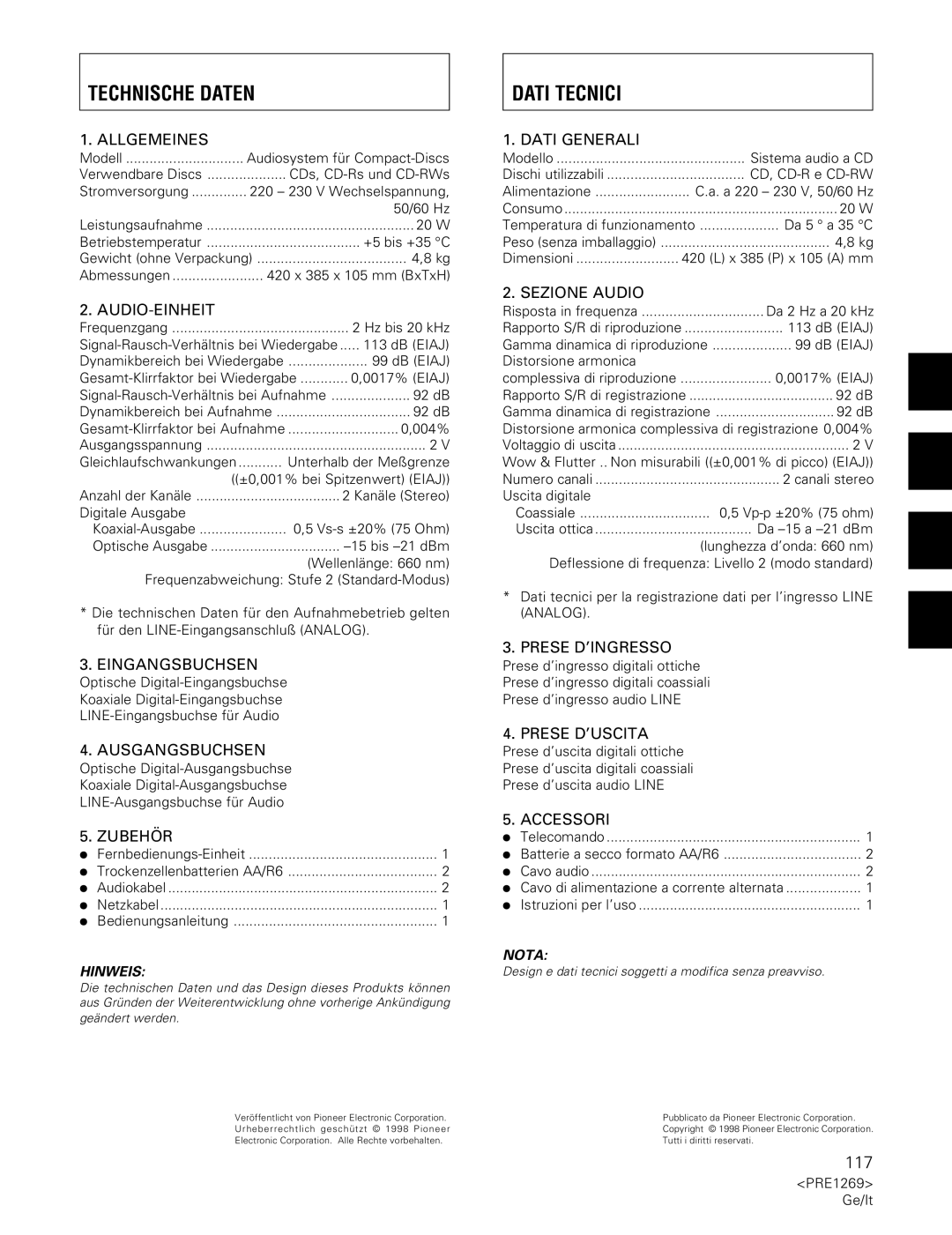 Pioneer PDR-555RW operating instructions Technische Daten, Dati Tecnici 