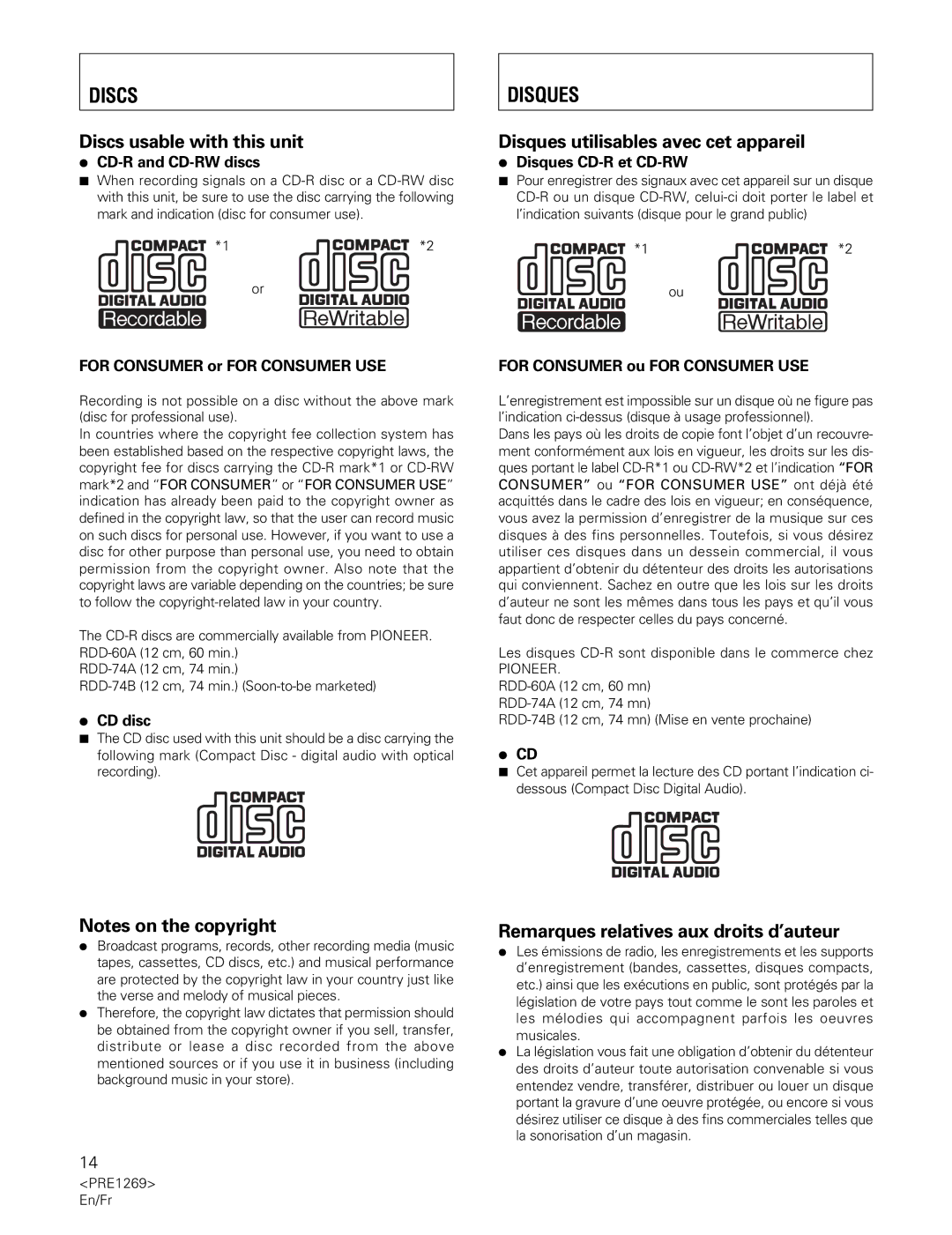 Pioneer PDR-555RW operating instructions Discs usable with this unit, Disques utilisables avec cet appareil 