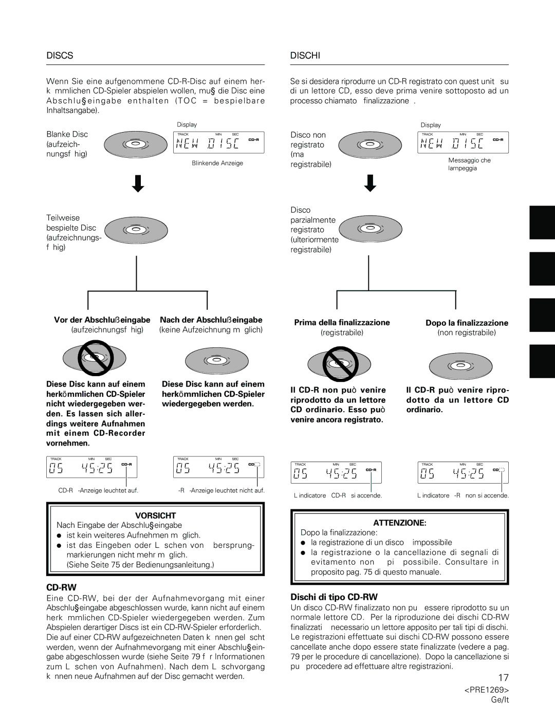 Pioneer PDR-555RW operating instructions Dischi di tipo CD-RW 