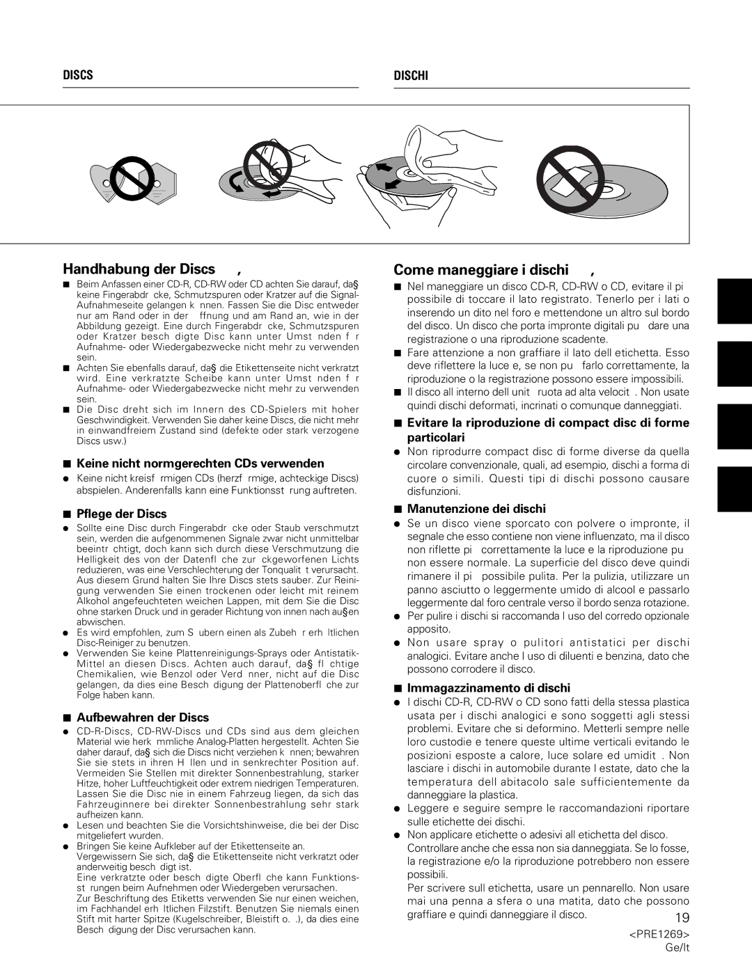 Pioneer PDR-555RW operating instructions Handhabung der Discs A, B Come maneggiare i dischi A, B 