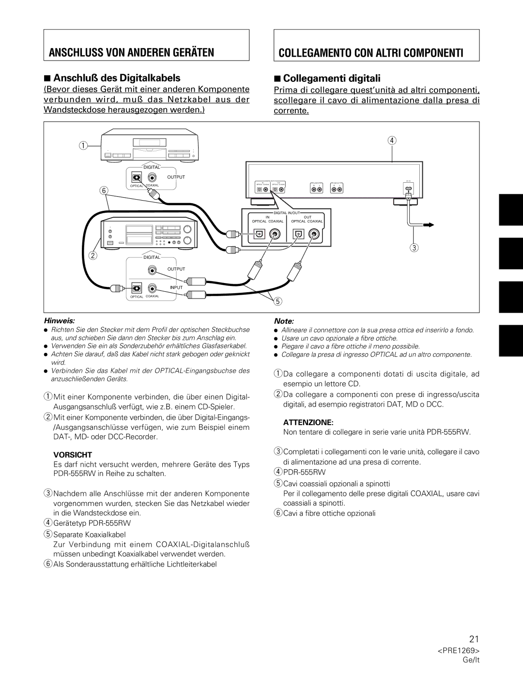 Pioneer PDR-555RW Anschluss VON Anderen Geräten, Collegamento CON Altri Componenti, Anschluß des Digitalkabels 