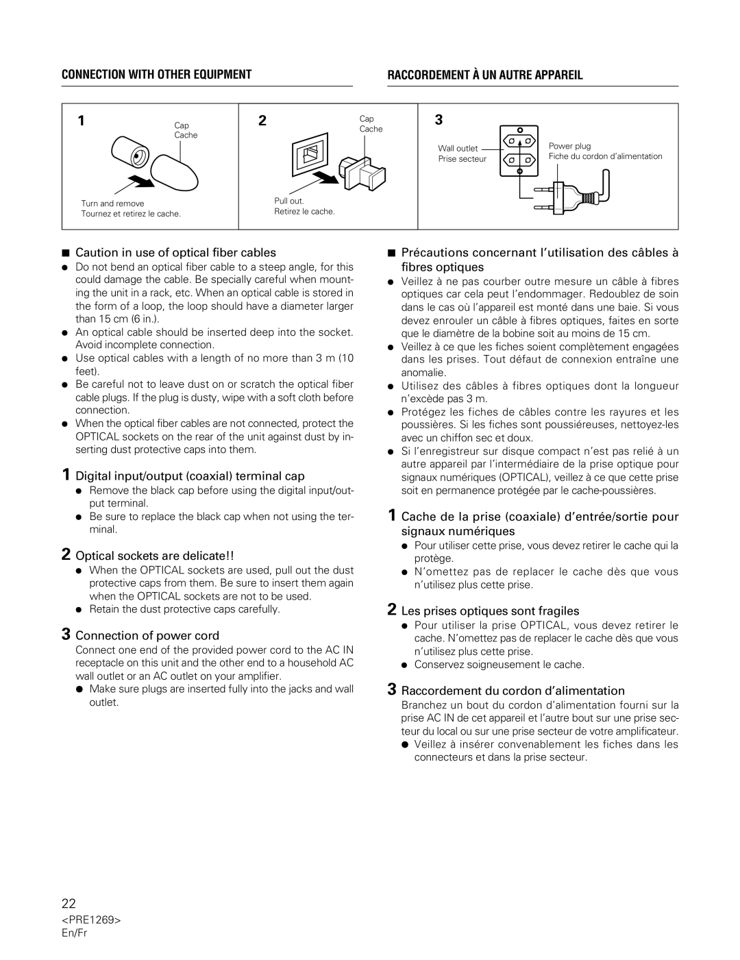 Pioneer PDR-555RW Digital input/output coaxial terminal cap, Optical sockets are delicate, Connection of power cord 