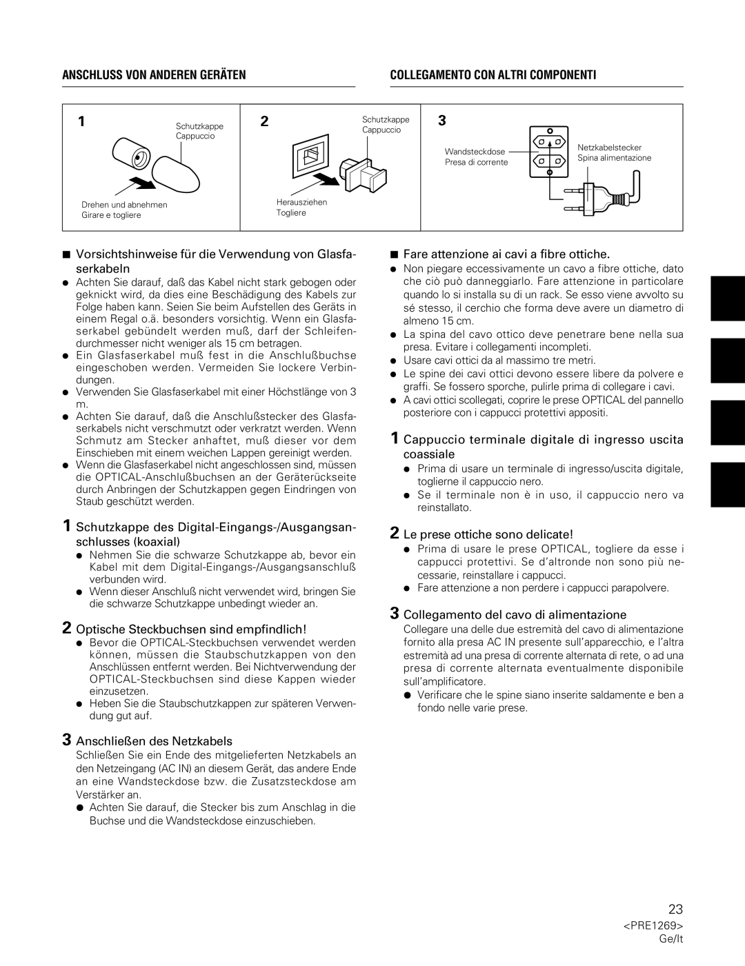 Pioneer PDR-555RW Vorsichtshinweise für die Verwendung von Glasfa Serkabeln, Fare attenzione ai cavi a fibre ottiche 