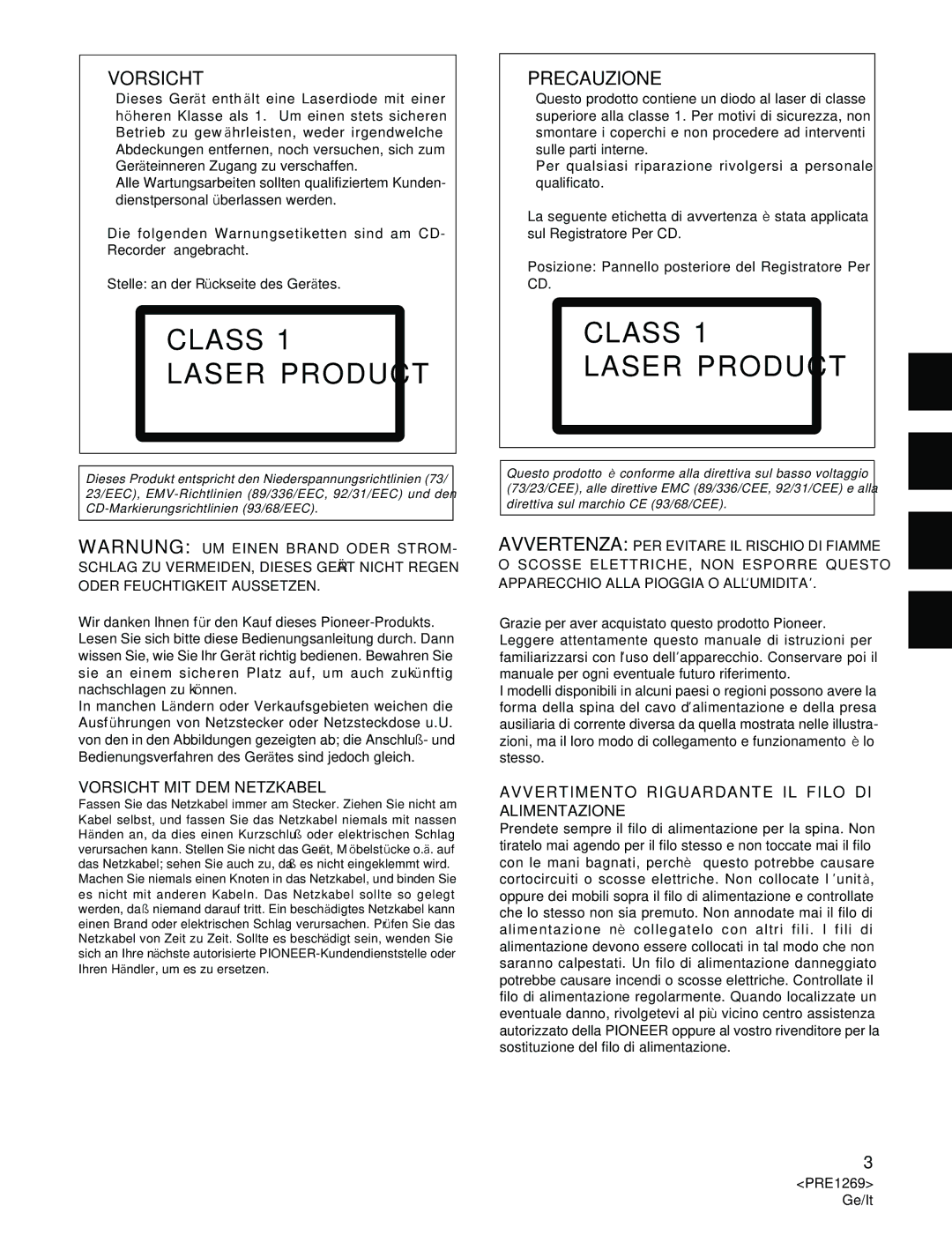 Pioneer PDR-555RW operating instructions Vorsicht 