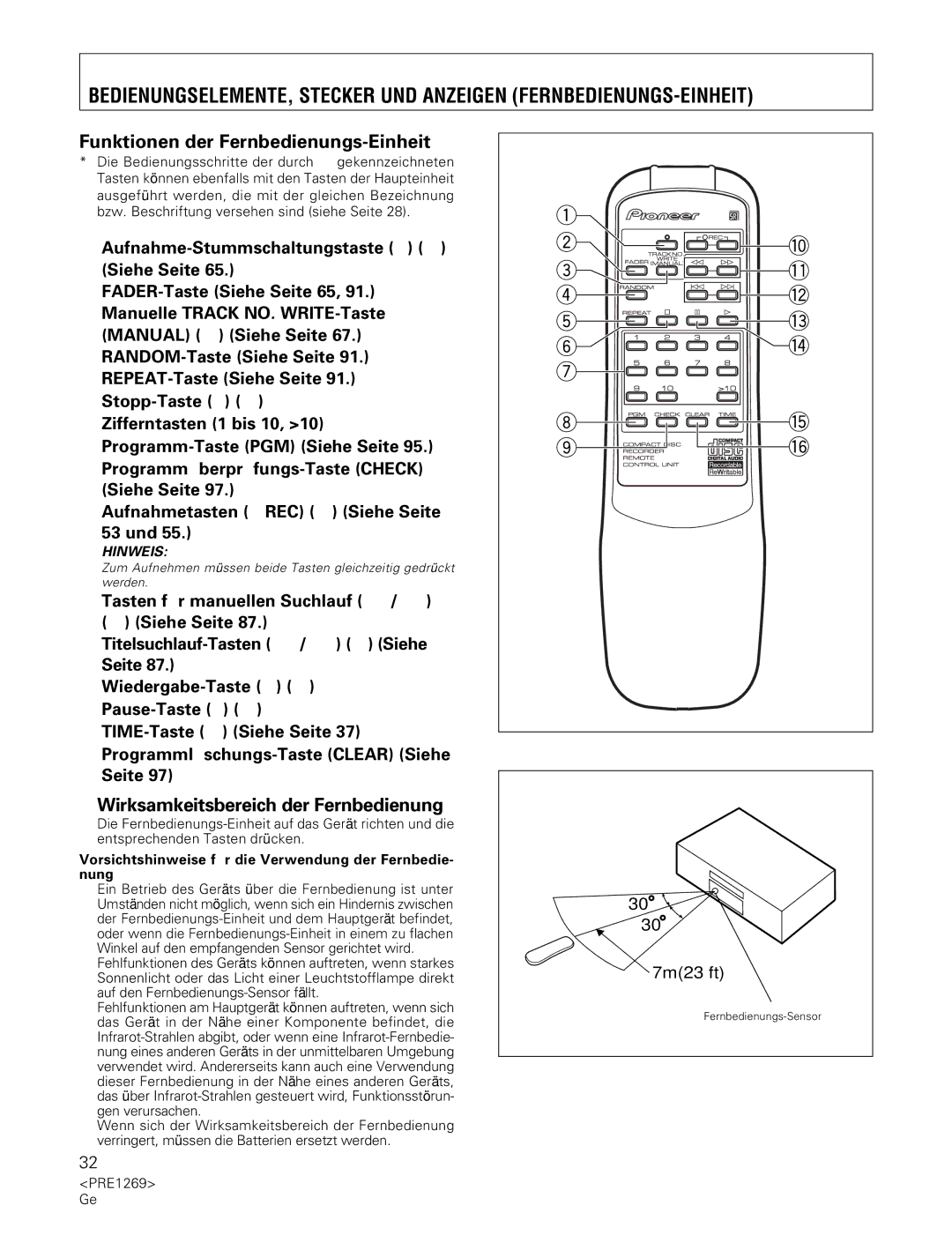 Pioneer PDR-555RW operating instructions Funktionen der Fernbedienungs-Einheit, Wirksamkeitsbereich der Fernbedienung 