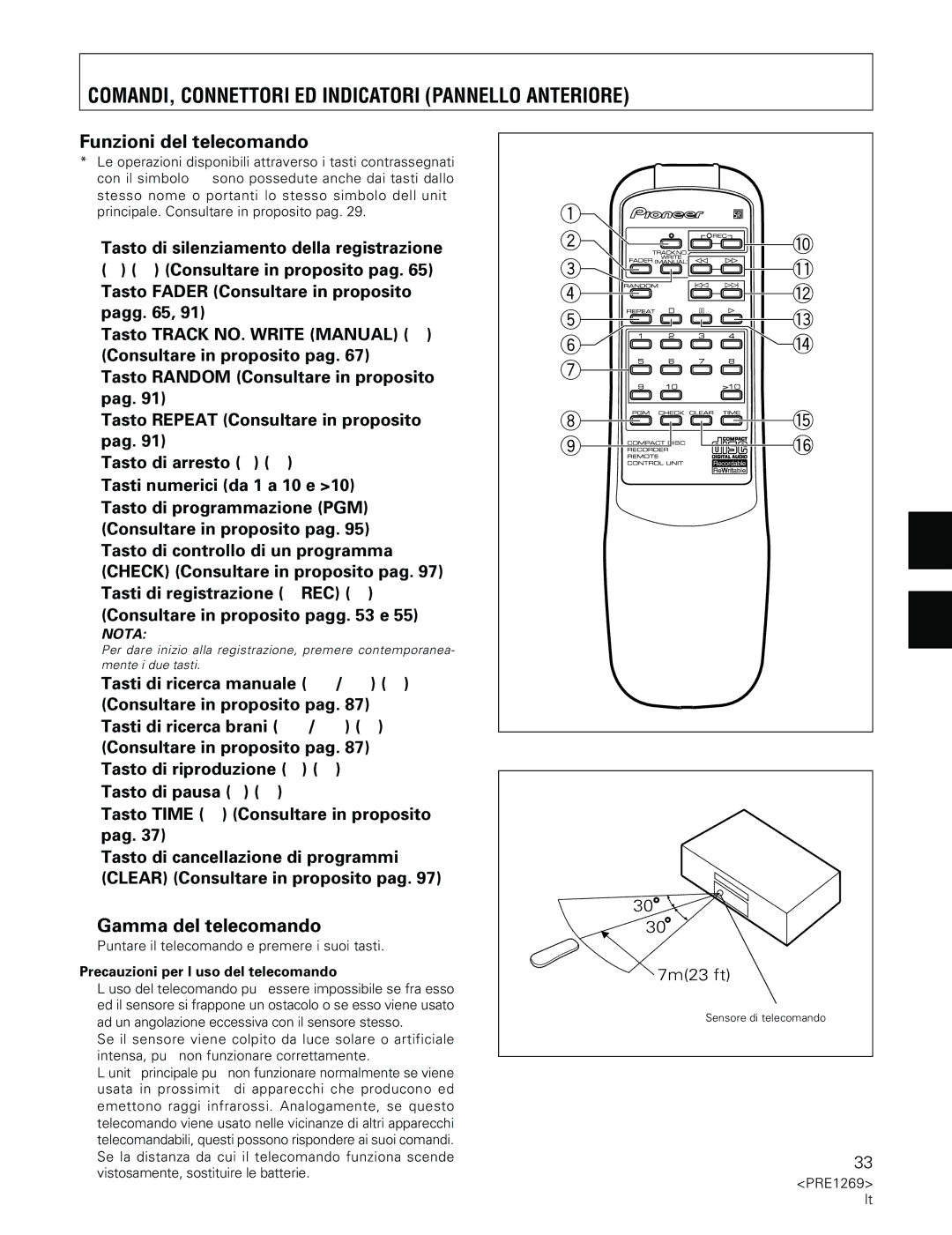 Pioneer PDR-555RW Funzioni del telecomando, Gamma del telecomando, ÷ Puntare il telecomando e premere i suoi tasti 