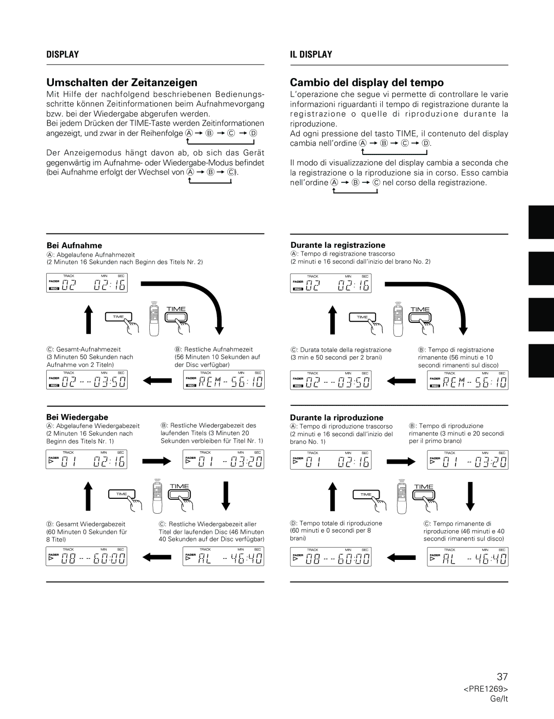 Pioneer PDR-555RW operating instructions Umschalten der Zeitanzeigen, Cambio del display del tempo, IL Display 